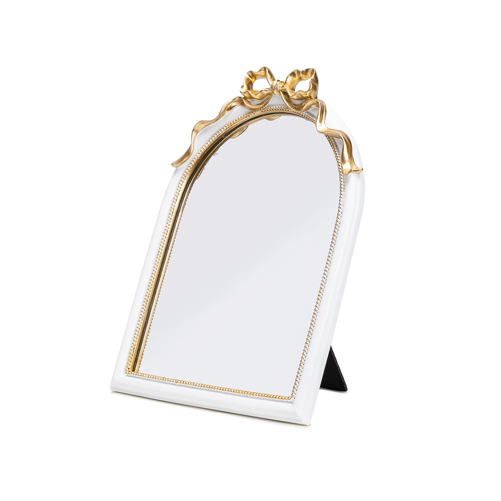 Lukvuzo  Vintage Coquette Bow Desk Mirror Gold Antique Vanity Tabletop Mirror Ornate Arched Makeup Mirror Decorative Victorian Style for Bedroom