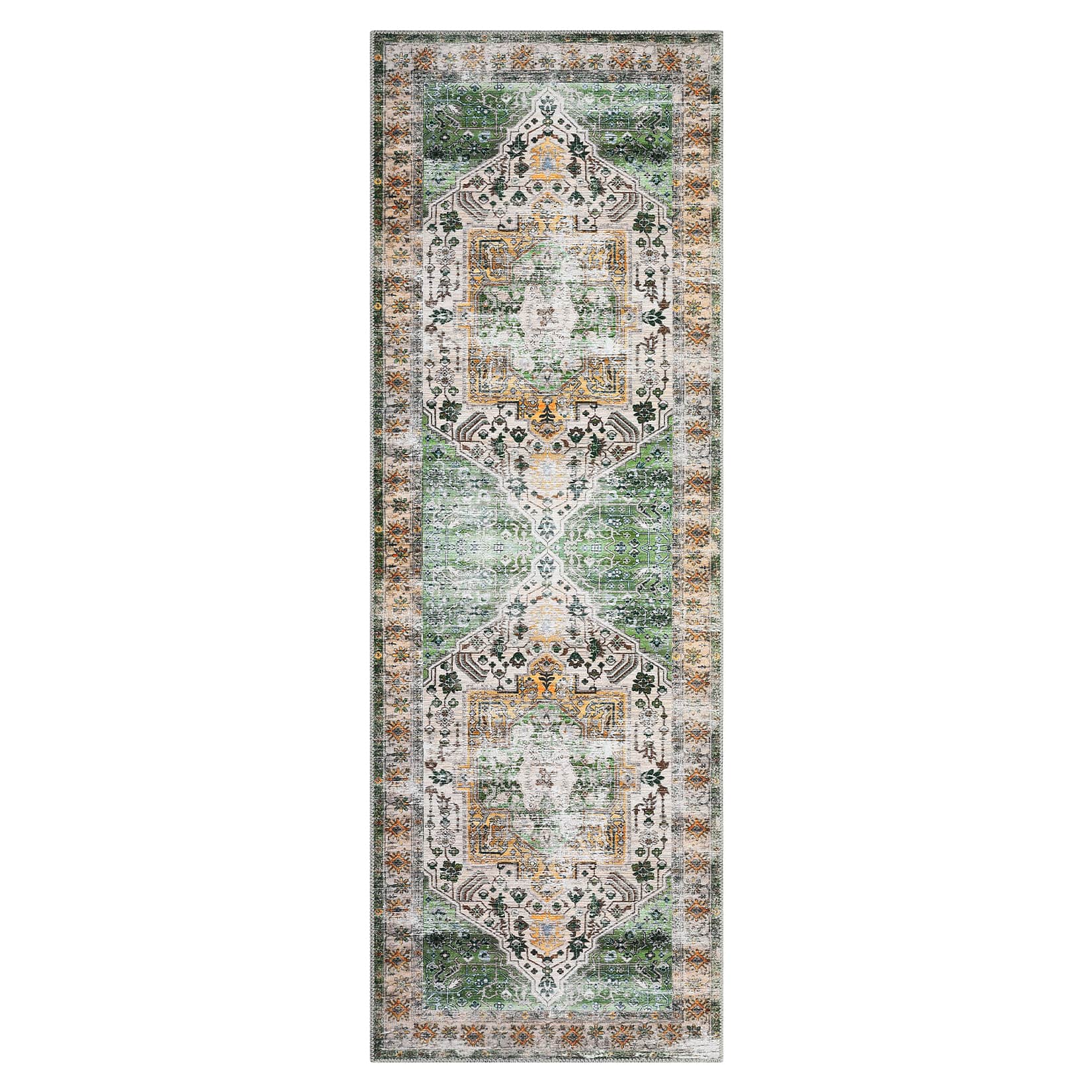 Qeetex LSN-PHO-0XT1R5P0 2 x 6 ft Polyester Chenille Orange Green Rectangular Hallway Bathroom Entryway Kitchen Office Foldable Story Printed Persian Washable Area Rug
