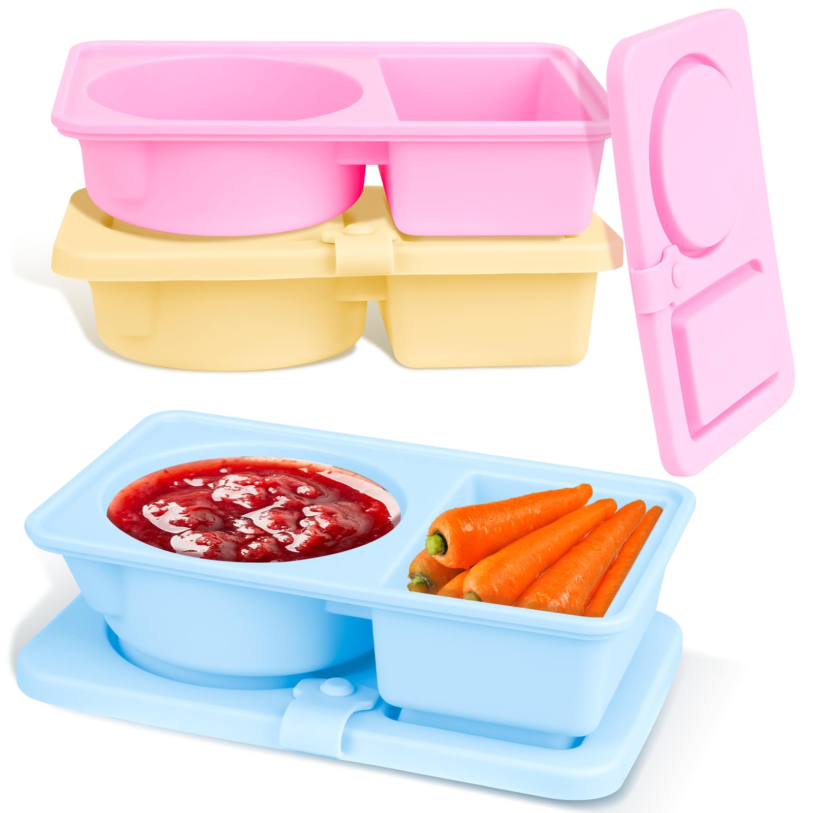 DHMHD  3 Pack Silicone Reusable Snack Containers with Lids Double Compartment Snack Boxes for Travel Office Picnic durable