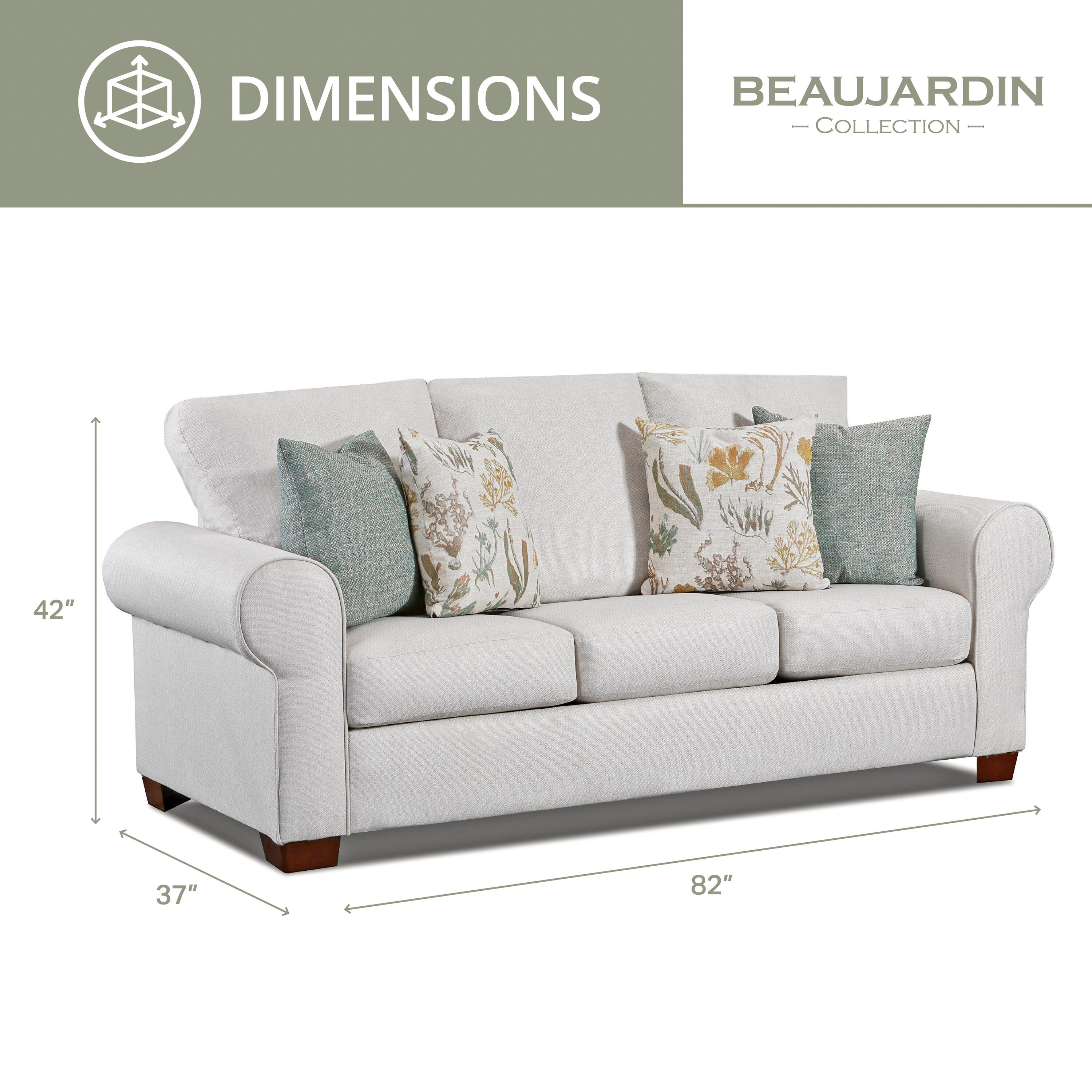 White Polyester Round Arm Sofa with Teal and Tan Pillows