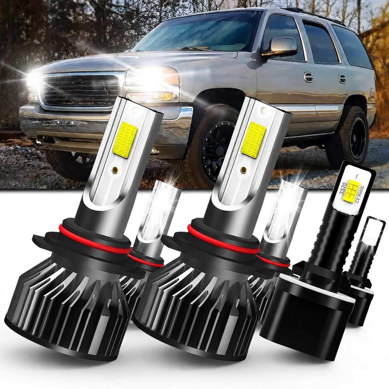 IUEST  LED Headlight Bulbs Combo Kit for 2000 to 2006 GMC Yukon XL 1500 2500 High Low Beam and Fog Lights Pack of 6 durable