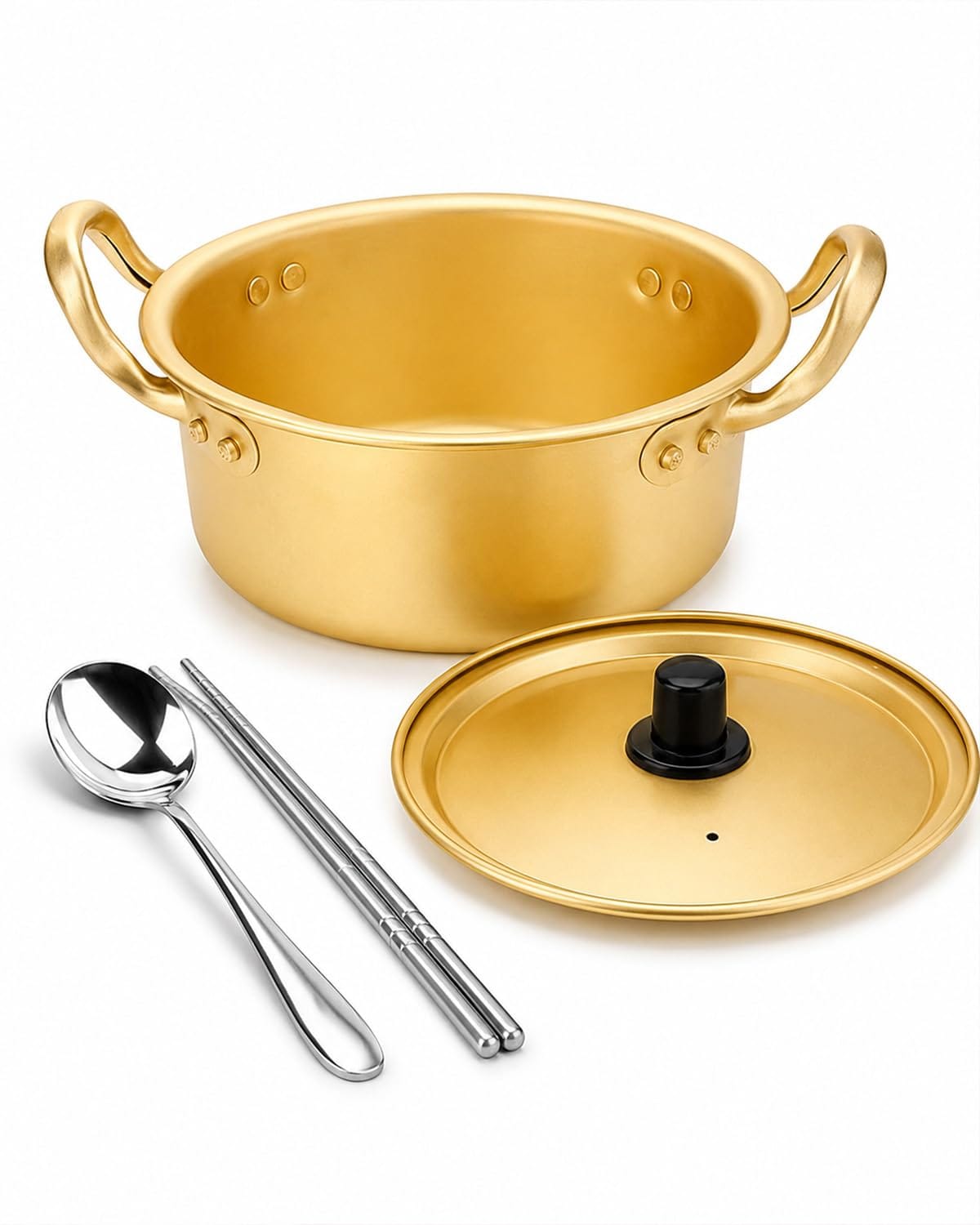Aoibox  6 3 Inch Yellow Aluminum Korean Ramen Noodle Pot with Lid Spoon and Chopsticks for Instant Noodle Meals