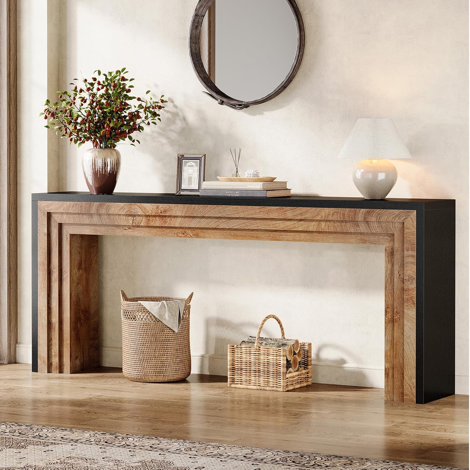 Tribesigns  70.9 inches Long Console Table Farmhouse Narrow Wooden Sofa Table Behind The Couch for Living Room Entryway Hallway Foyer Black and Natural