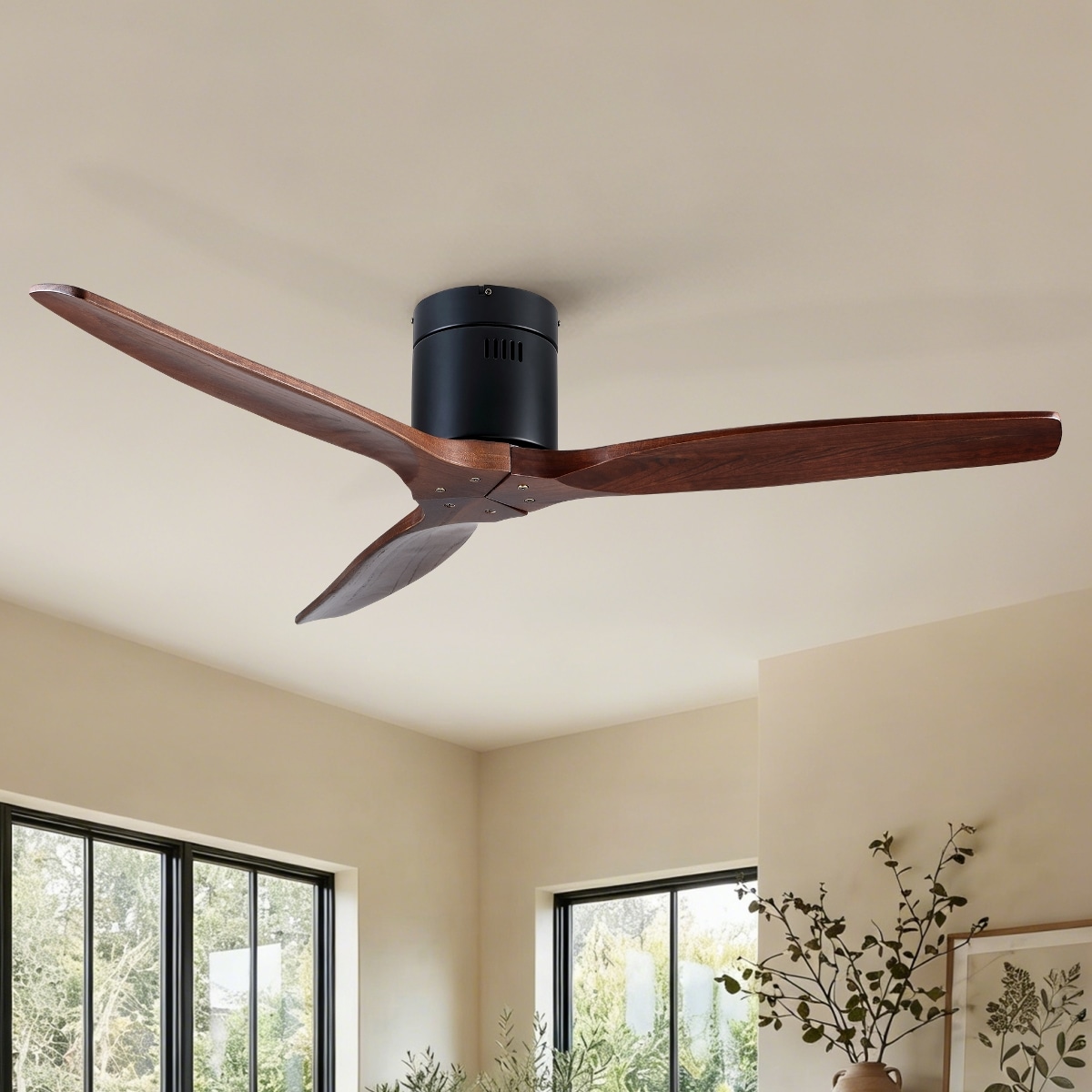 Ropilly - 52 inch Farmhouse Ceiling Fan Matte Black Solid Wood Blade Flush Mount DC Motor with R...