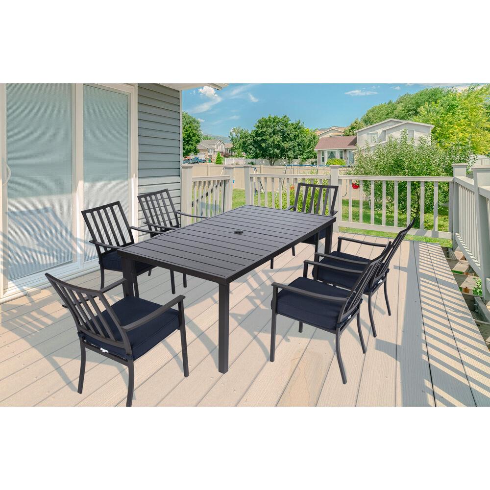 Carter 7-Piece Navy Blue Outdoor Dining Set with Padded Aluminum Chairs