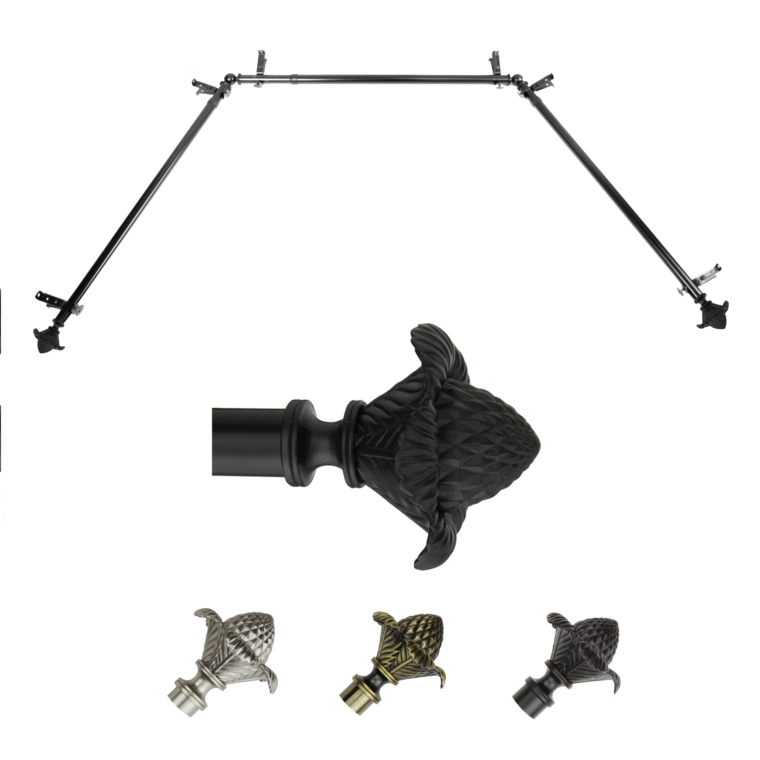 Hart & Harlow LO-ABAY-40-2 72-in to 144-in Black Steel Bay window curtain rod with Finials