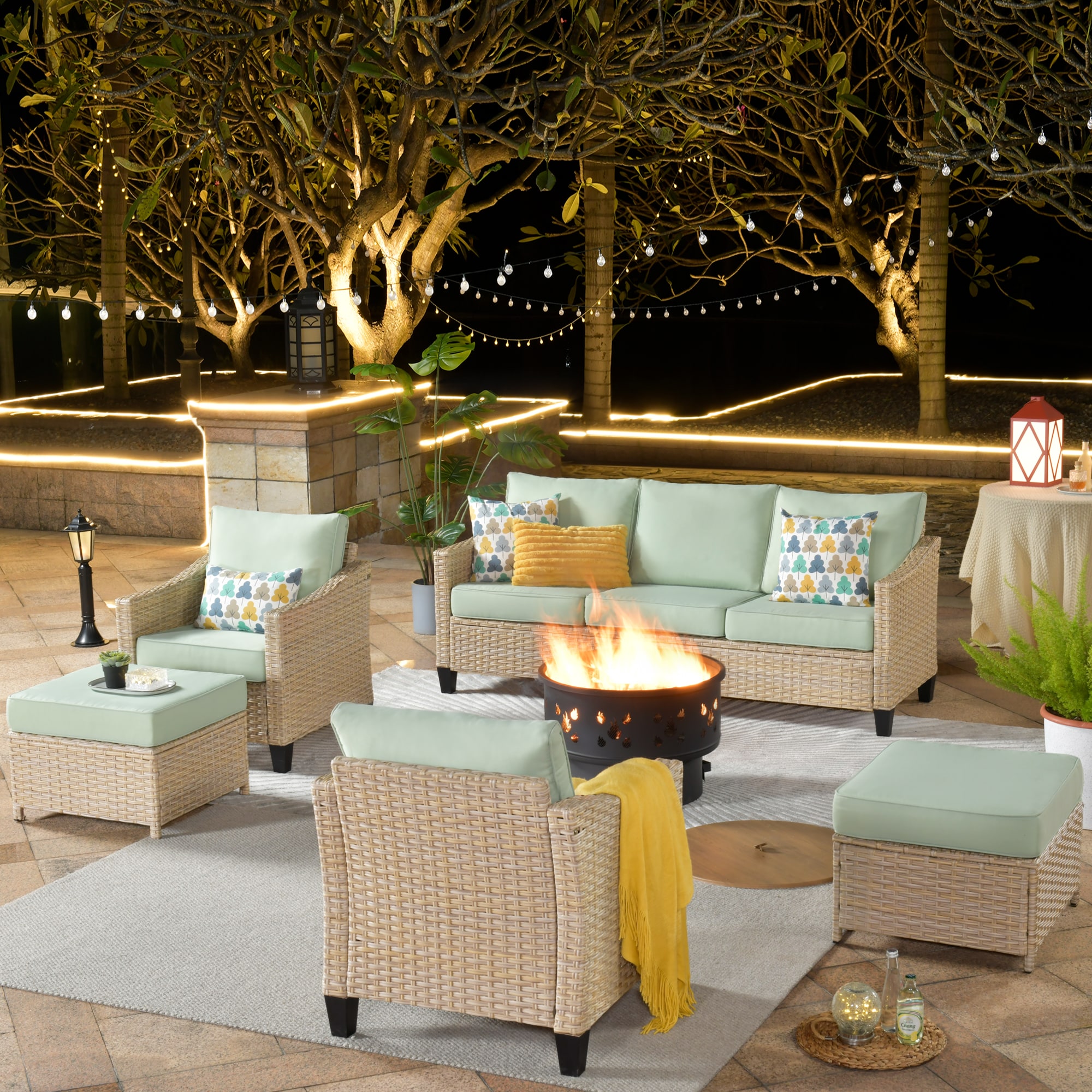 Pouuin SCFPDAR905 6 -Piece Rattan Patio Sofa Conversation Set with Green Cushions