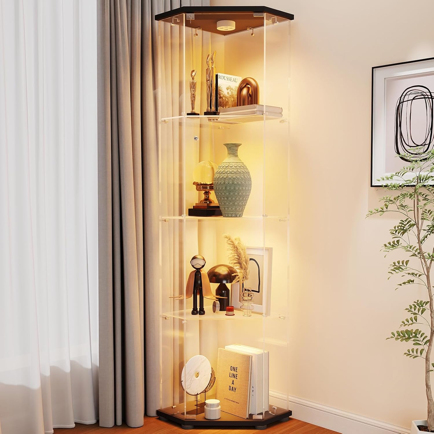 Zevemomo - Corner Glass Display Cabinet with LED Lights and Lock for Collectibles (Black)