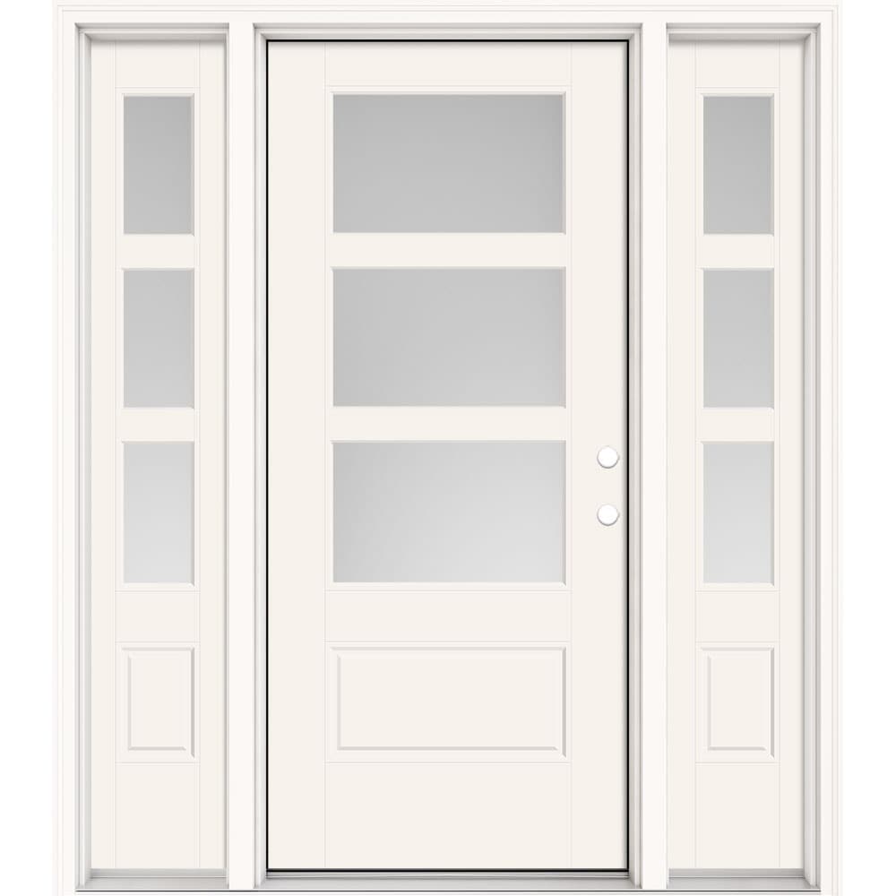 Masonite 630477 Performance Door system 64-in x 80-in x 4-9/16-in Fiberglass 3/4 lite Left-hand inswing Arctic White Painted Prehung Front Door with Sidelights with Brickmould Insulating core with Grilles