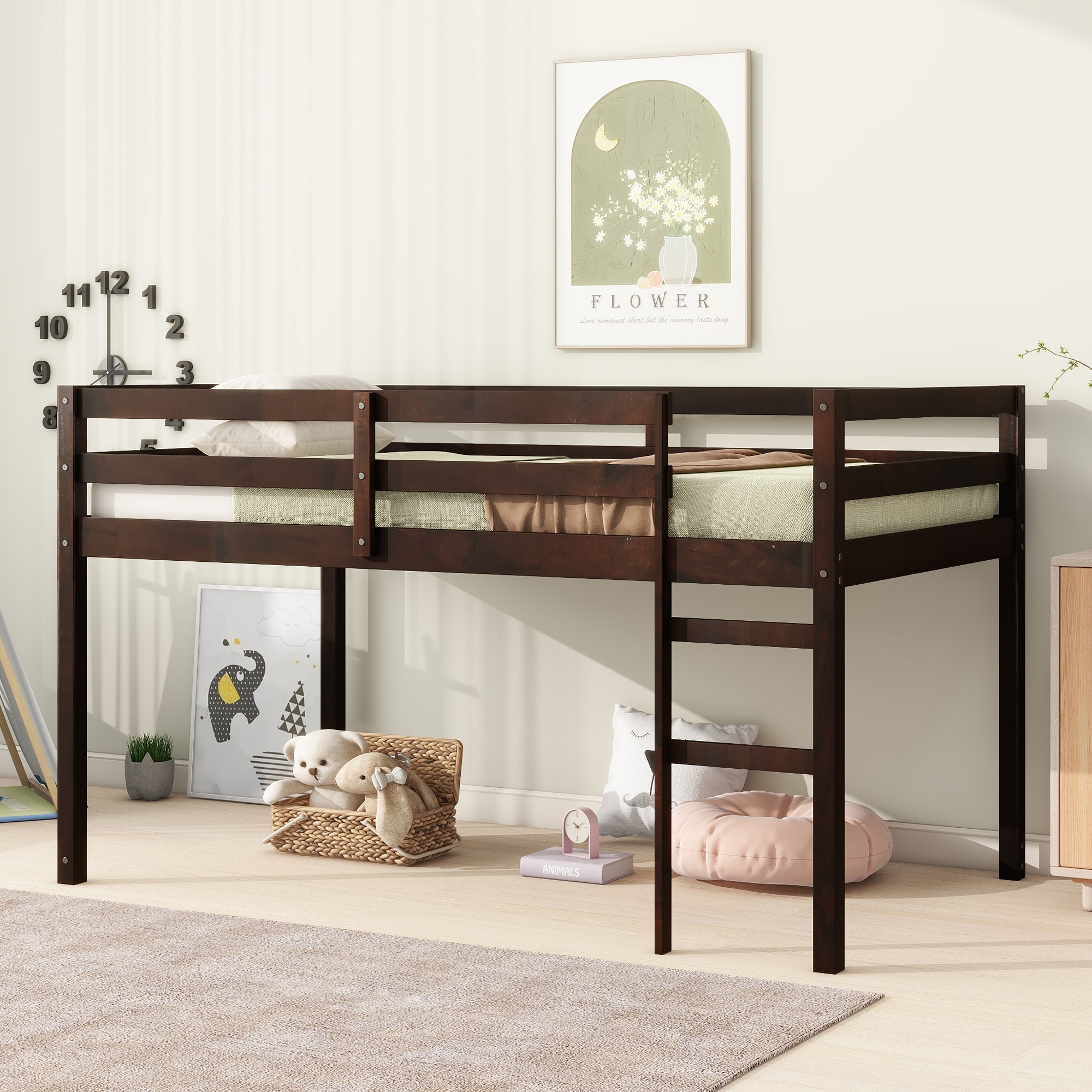 Bellemave Espresso Twin Loft Bed Low Loft Bed Frame with Guardrail and Ladder for kids