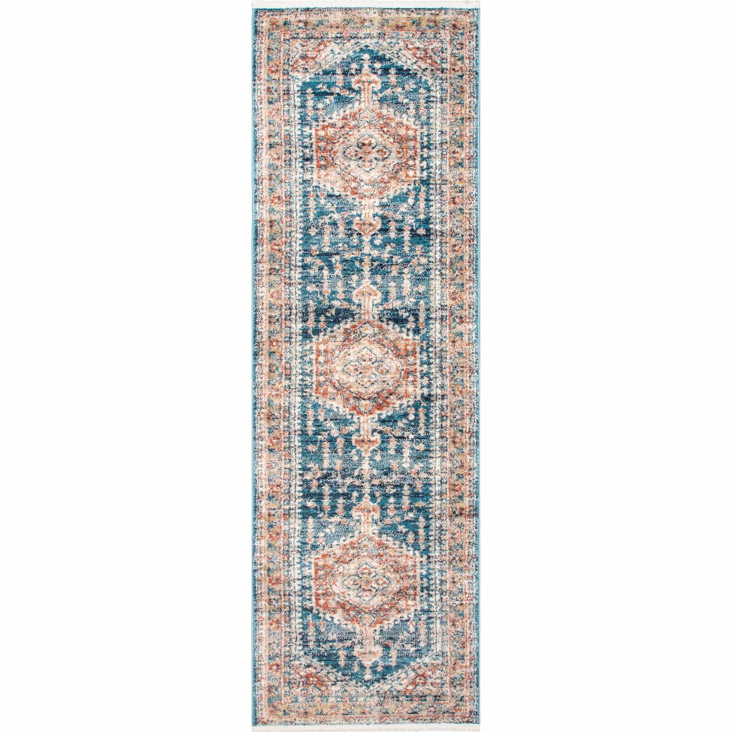 Harley Blue Medallion Synthetic Easy Care Runner Rug