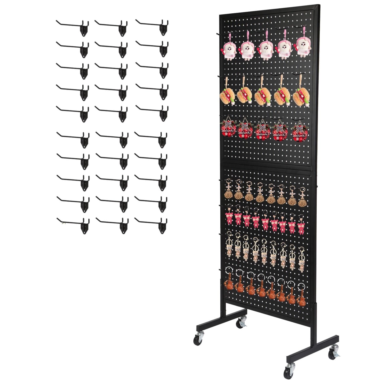 Vrbgify  Metal Pegboard Display Stand with Wheels Black 2 Foot x 5 Foot Adjustable Height Includes 30 Hooks and T Base 2 Panels for Retail or