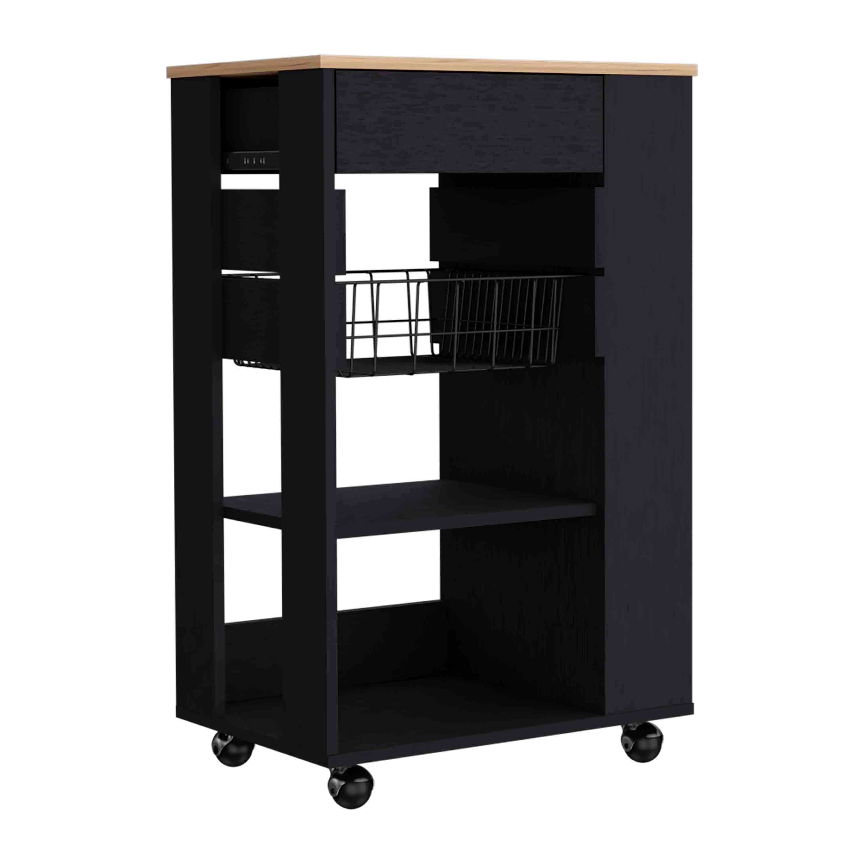 Flynama L-200S00098 Black Wood Base with Wood Wood Top Rolling Kitchen Cart ( 22.4-in x 14.5-in x 35.4-in )