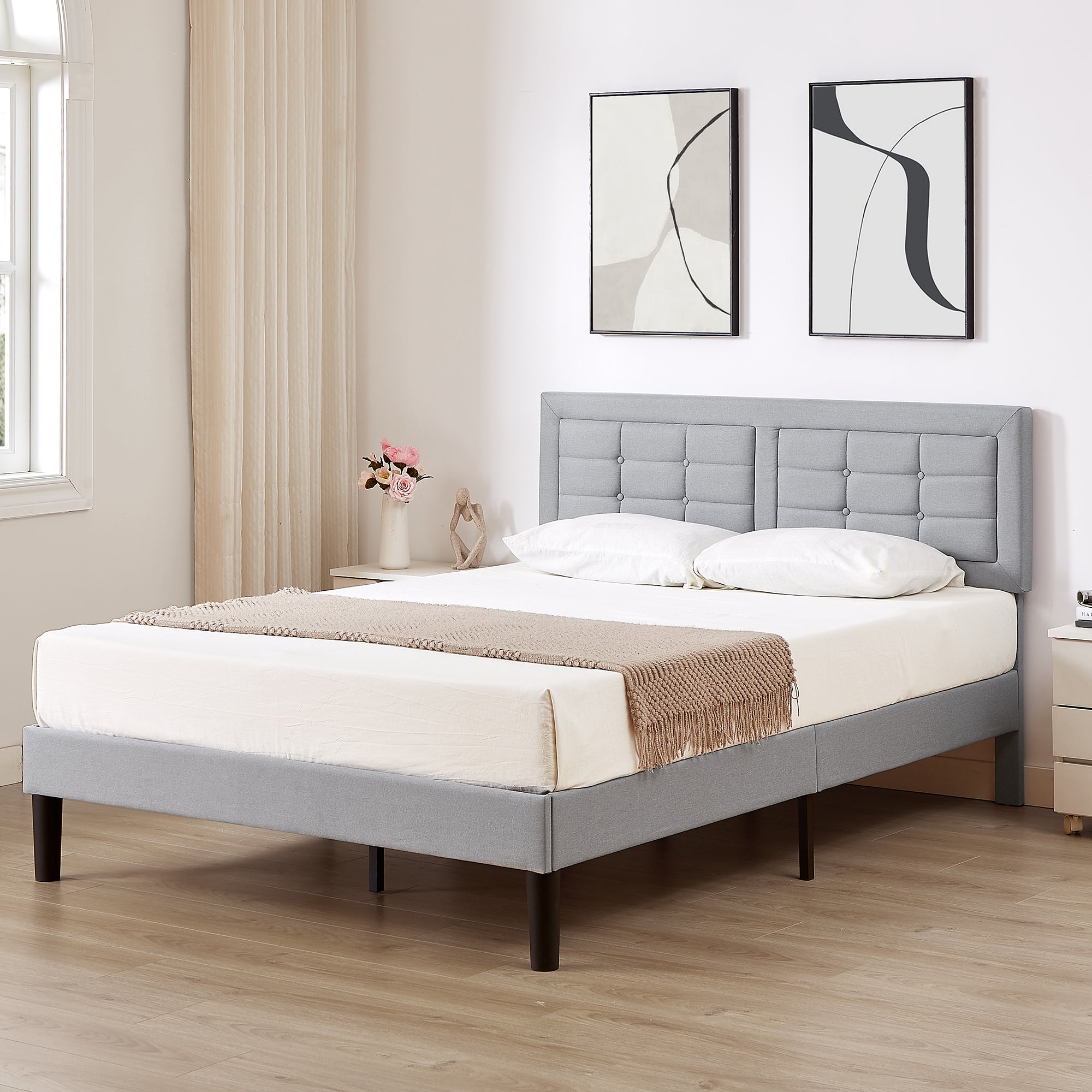 Vecelo LOE-BTJ-RF01-LGRY Full Size Bed Frame with Light Gray Adjustable Headboard Upholstered Platform Bed frame with Wood Slats Support