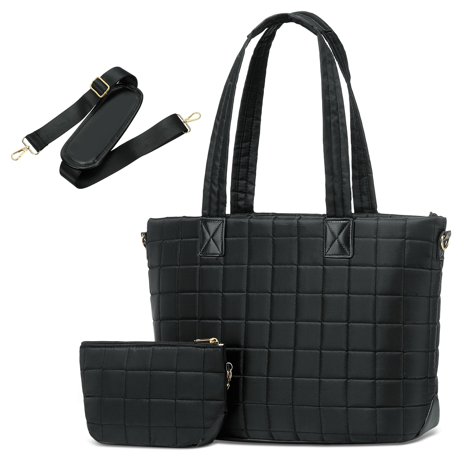 Unique Bargains Large Travel Tote Bag for Women Quilted Puffy Tote Bag with Detachable Shoulder Strap Fits 15 Inch Laptop Work Bag W/Handbag Purse Black #S26011900UX4835