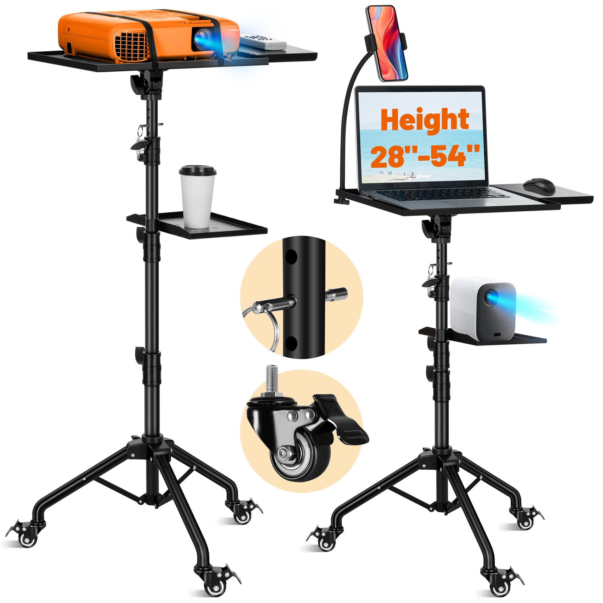 Vrbgify  Projector Tripod Stand with Casters Height Adjustable 28 to 54 in Universal Laptop and DJ Rack Stand for Meeting Room Equipment
