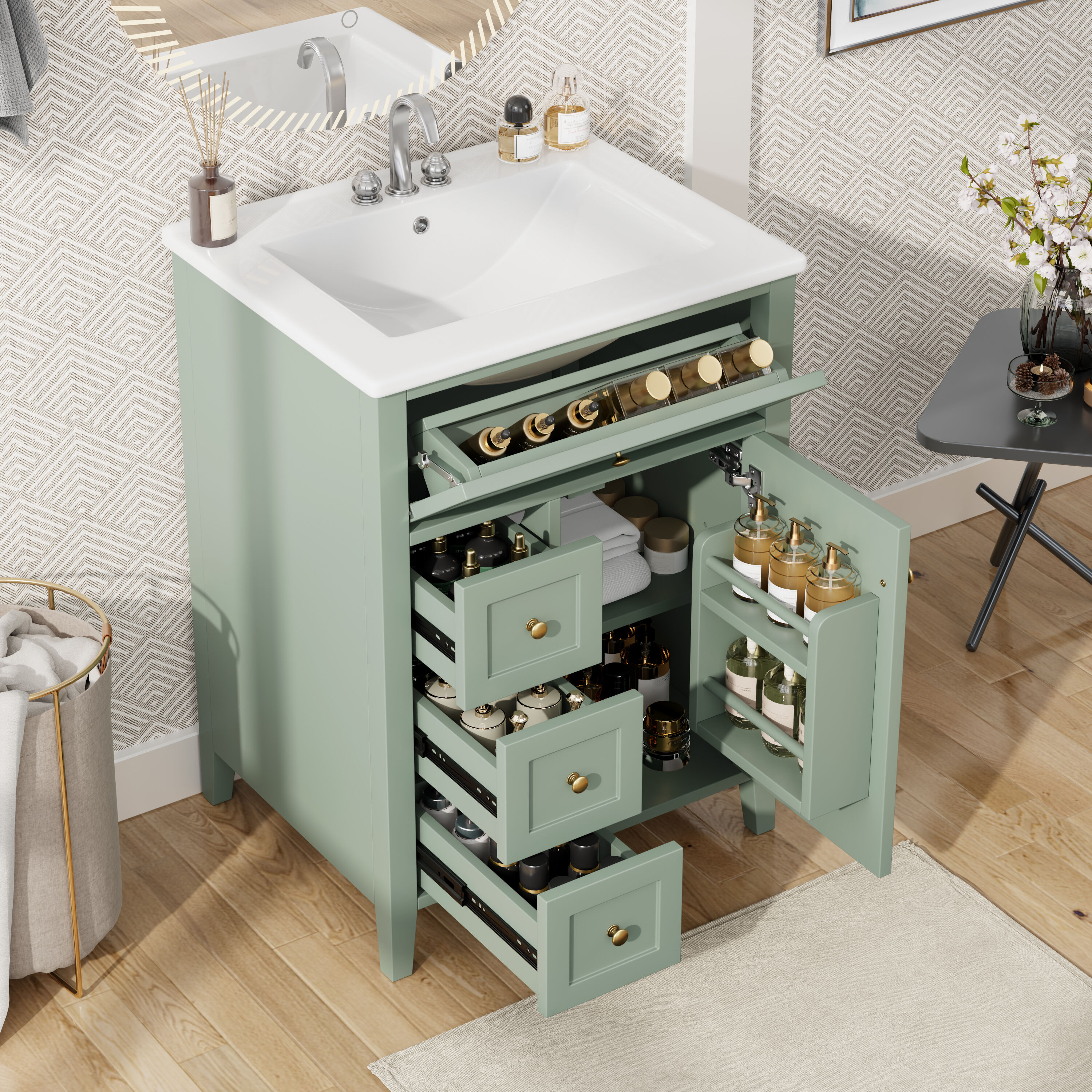GDFStudio 347282 Harbor Mist 24 Inches Green Bathroom Vanity with Sink MDF and Rubberwood Construction 3 Drawers and Cabinet with Adjustable Shelves