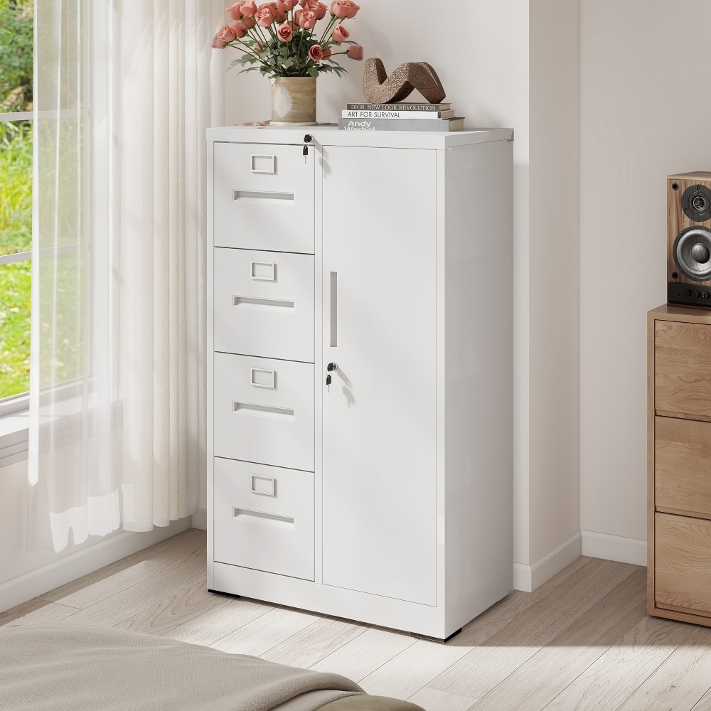 Beedesign - White Steel Vertical File Cabinet with Lock 4 Drawer Storage Cabinet with Door for Ho...