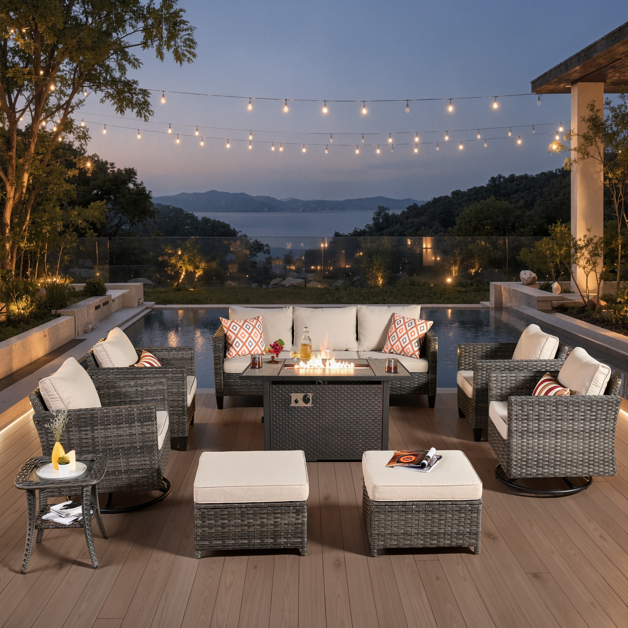 Ovios 9 -Piece Wicker Patio Conversation Set with Beige Cushions Included