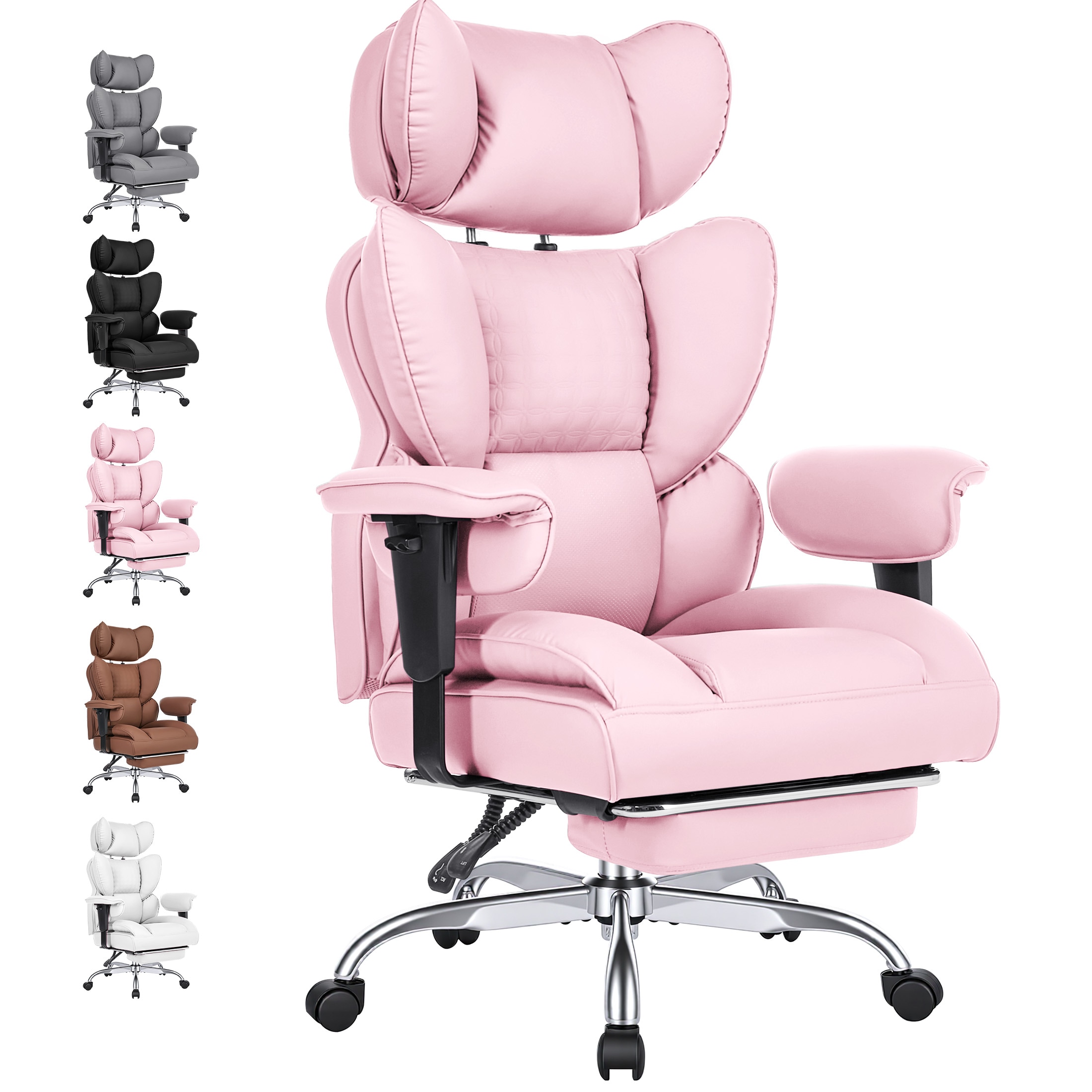 Sweetcrispy Big and Tall PU Leather Computer Office Chair Wingback with Adjustable Armrests and Footrest Pink