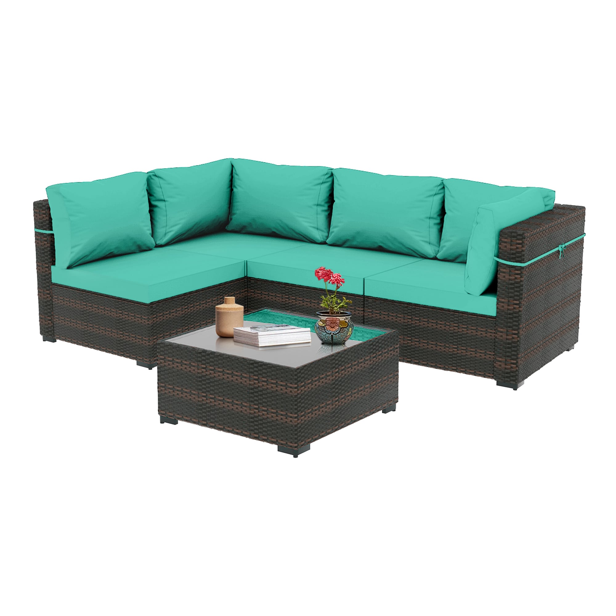 UPHA Wicker Patio conversation set 5 -Piece Wicker 4 Patio Sofa Conversation Set with Yellow Cushions