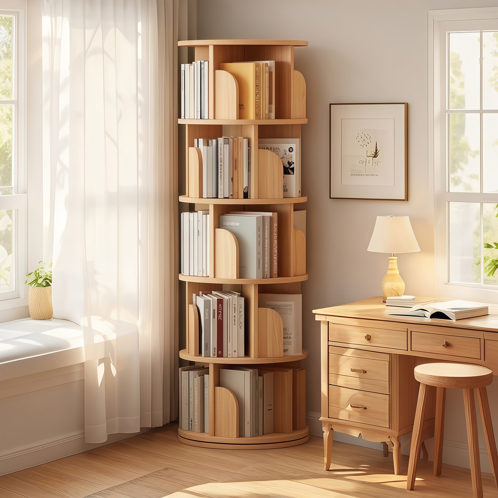 LUXEYARD 5 Tier Rotating Bookshelf 360 Display Round Spinning Bookshelf Space-Saving Small Space Rotating Bookshelf Tower for Bedroom Living Room Home Office Wood Color