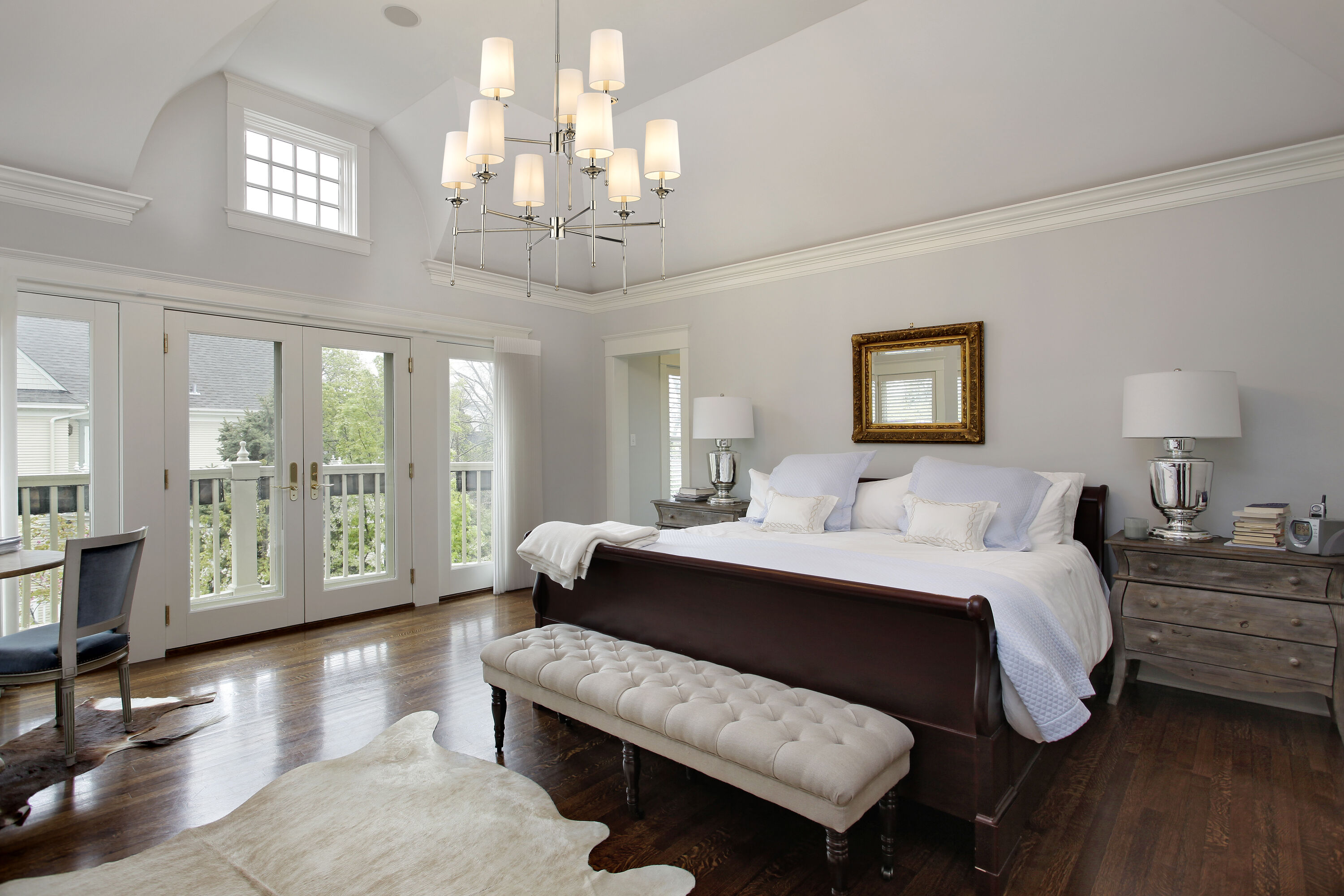 Polished Nickel 9-Light Chandelier with Off-White Shades