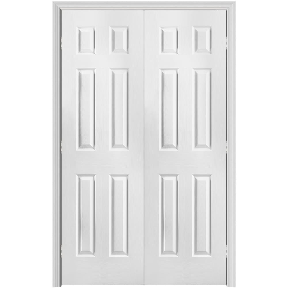 Masonite 640926 48-in x 80-in Primed Solid core 6-panel Bi-parting Textured Primed Molded composite Split Jamb Double Prehung Interior Door 376 Casing