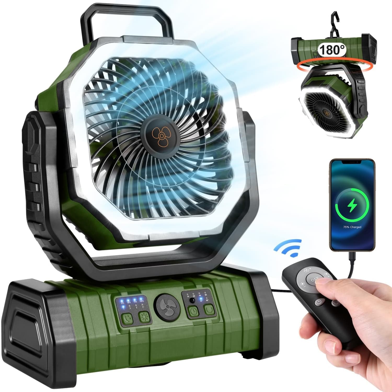 Angel Sar 8.7in W 4-Speed Green Oscillating Camping Fan with LED Lantern and Remote