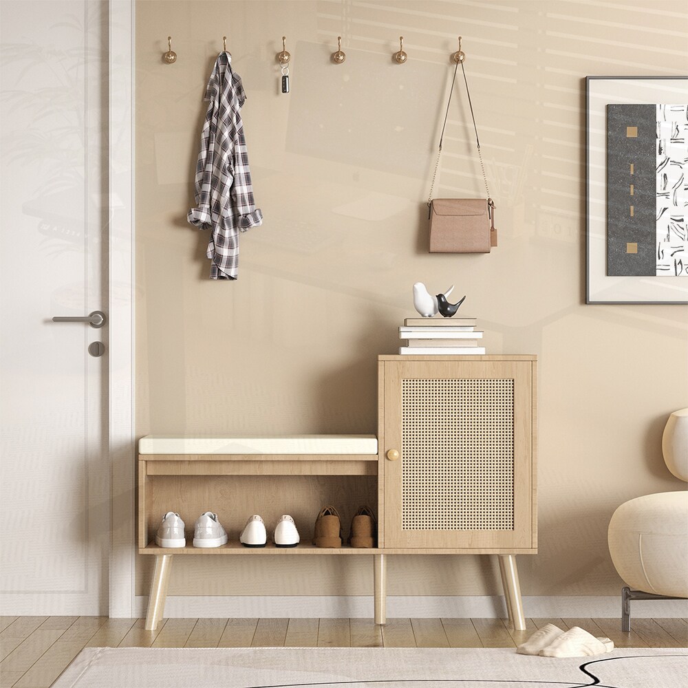 SunJet Antique Natural Rattan 2-in-1 Shoe Storage Bench With Removable Cushion Two Adjustable Shelves Modern Entryway Organizer For Hallway Bedroom