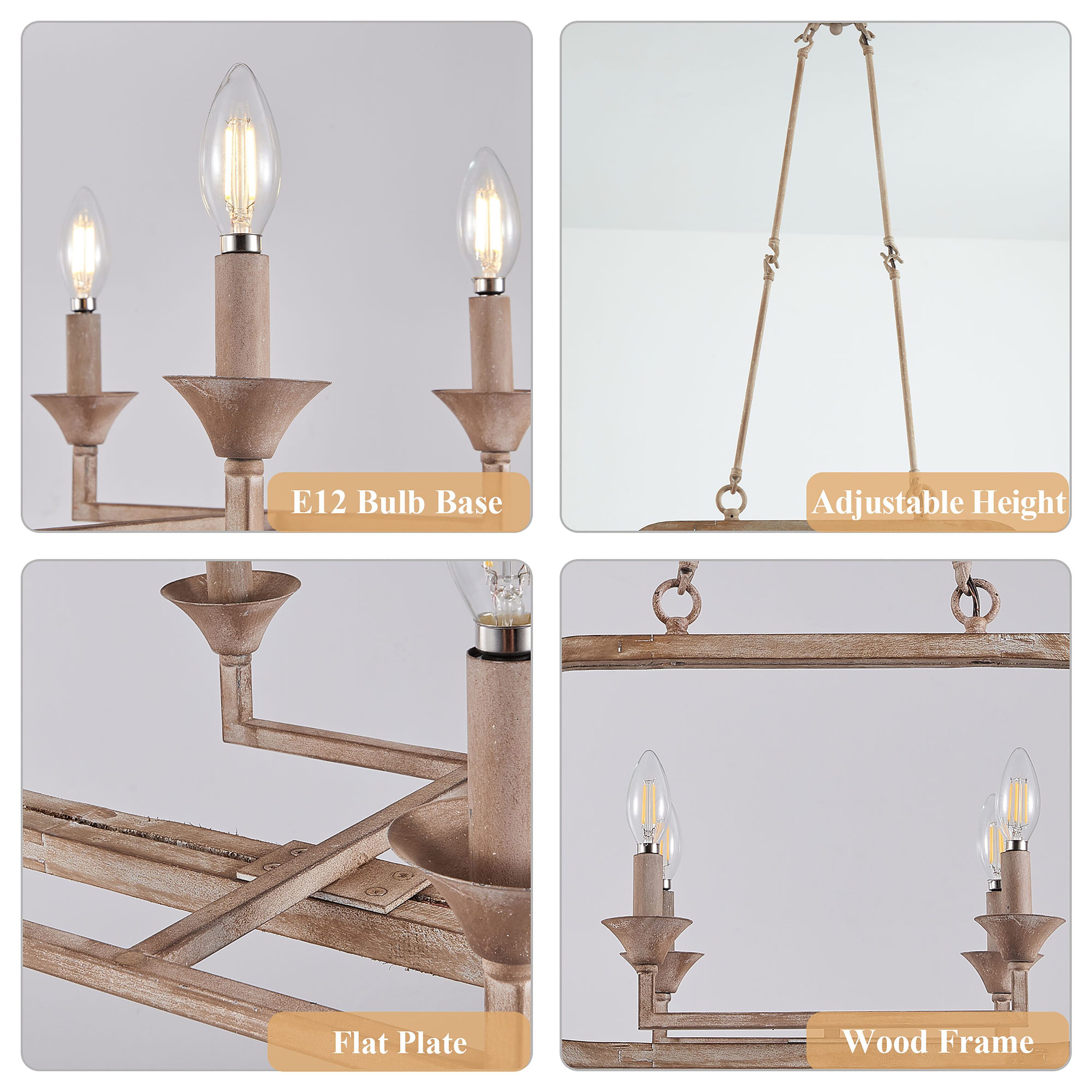 Weathered Wood Brushed Brown Farmhouse Chandelier with Adjustable Height