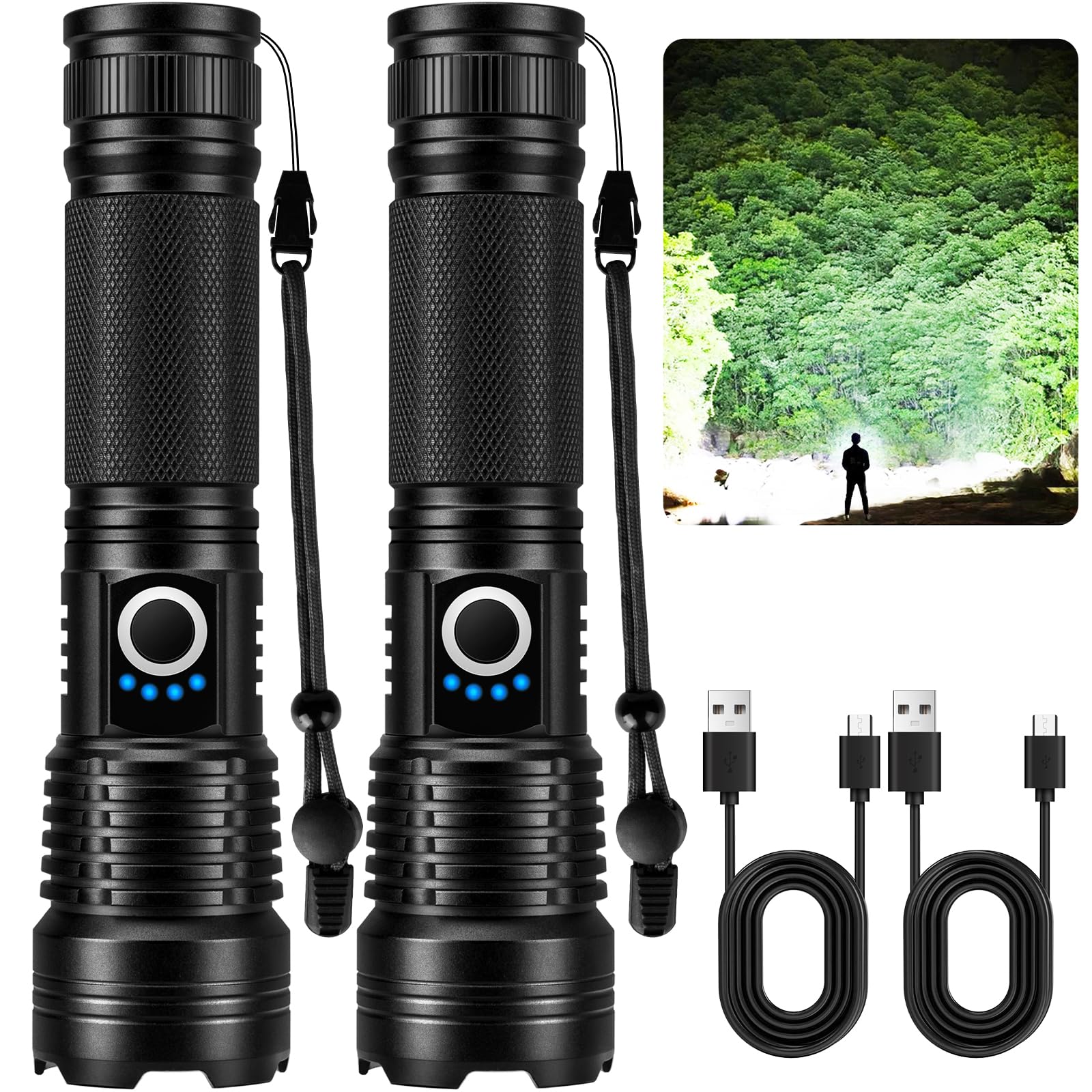 Oyezvary  2 Pack Rechargeable Flashlights 990000 High Lumens LED with 5 Light Modes IPX7 Waterproof for Camping Outdoor Home 500m Range