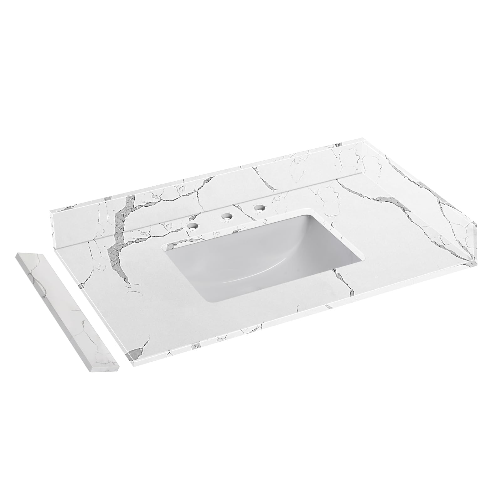 EQLOO 36 Inch Calacatta River Quartz Vanity Top with Undermount Middle Sink with 3 Faucet Holes Equipped with One Backsplash and Two Sidesplash