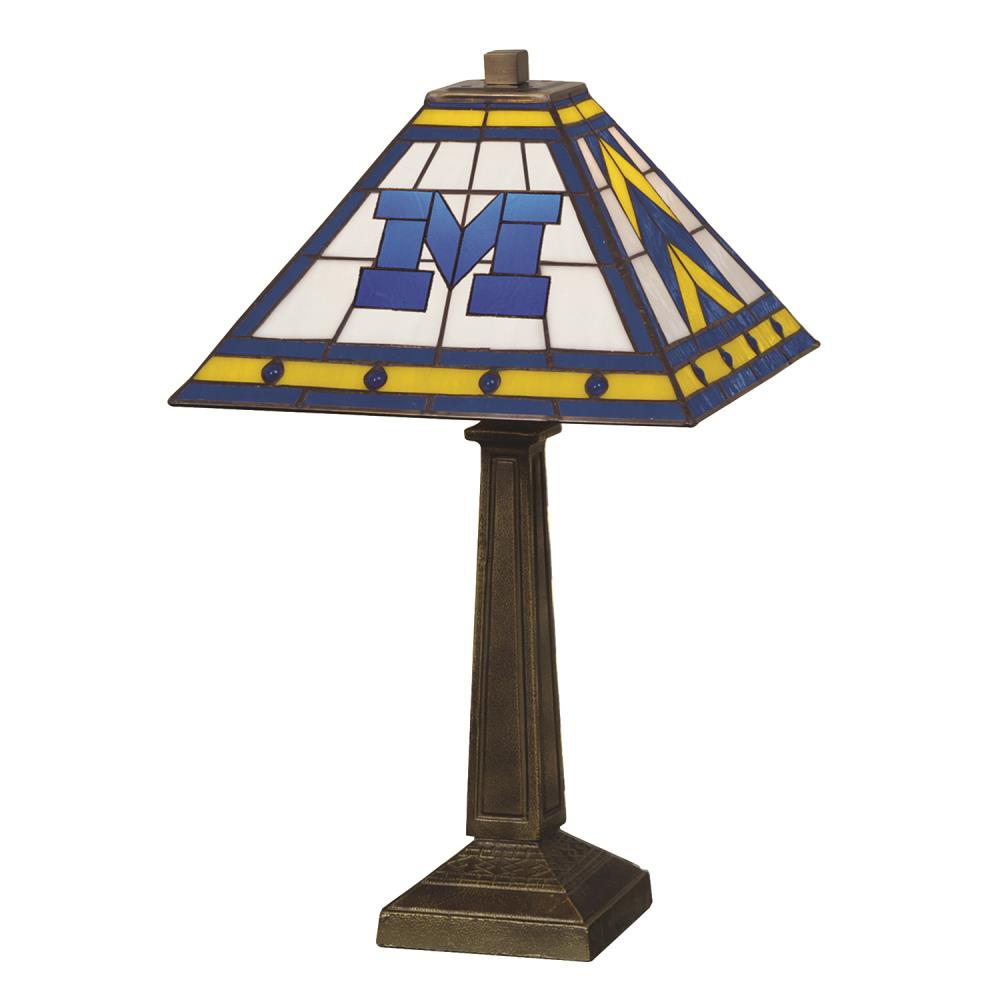 JS Table Lamp with Metallic Color Shade Michigan Wolverines Plate Rolled in on The lamp Base 