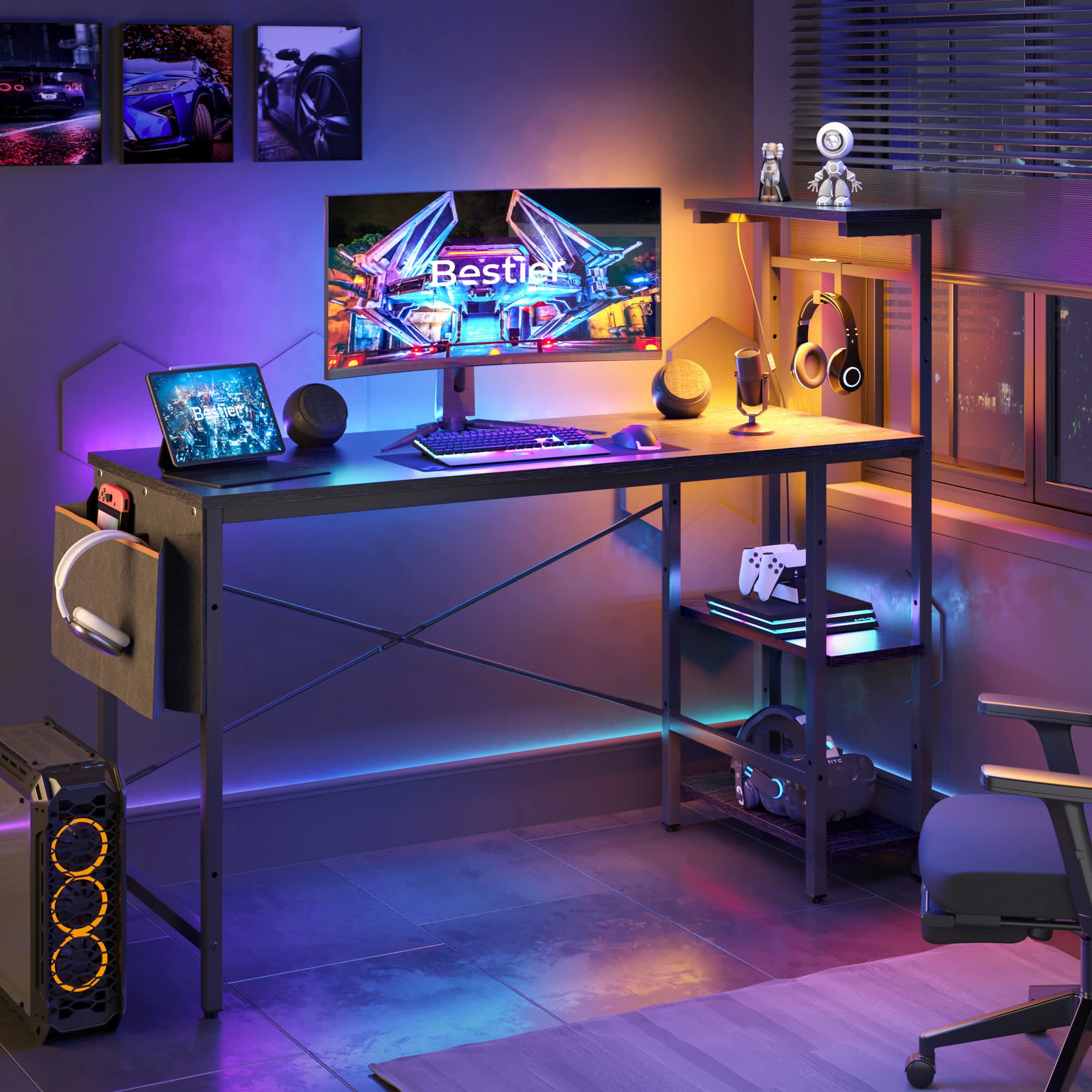 Bestier LOW-D513S-BLKG 51.3-in W 4-Shelf Black Computer Desk with LED Lights and Storage Bag