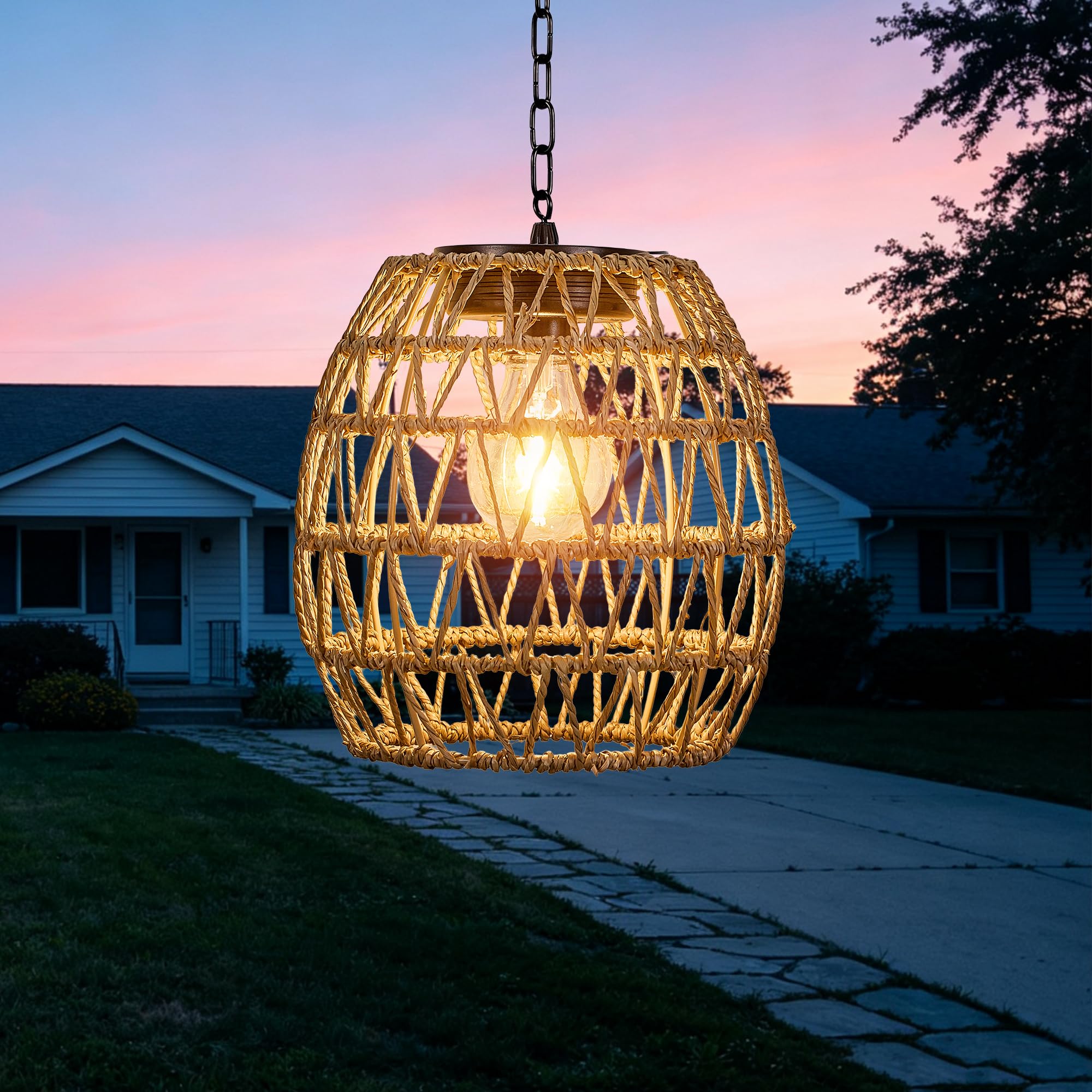 Justincity - power cell Operated Outdoor Hanging Light Waterproof Seagrass Woven Chandelier with...