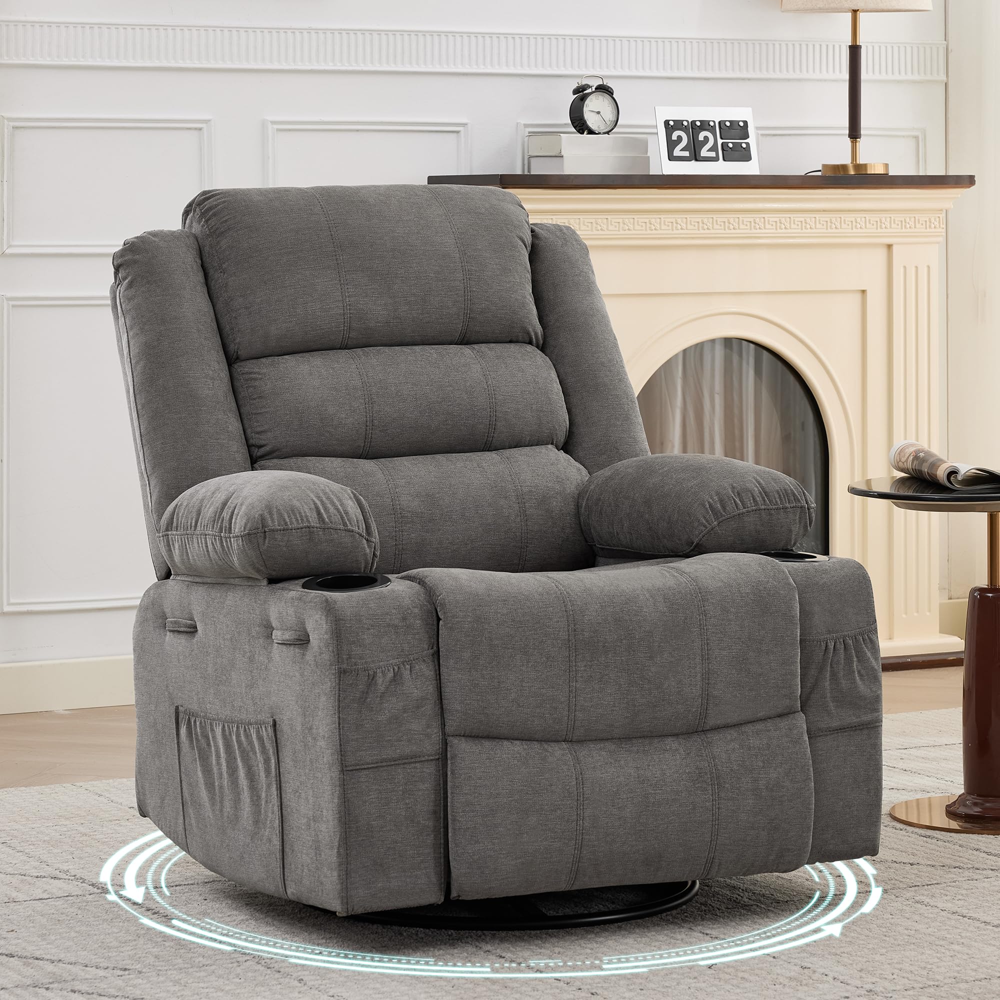 Garvee Rocker Recliner Chair 360-degree Swivel Glider Manual Reclining Chair with Cup Holders and Side Pockets Linen Fabric Nursery Living Room 350LBS Gray