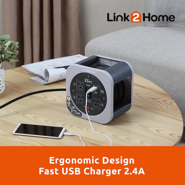 Link2Home Cord Reel 25 ft Extension Cord 3 Power Outlets, 2 USB Ports, 24A Fast Charge - 16 AWG SJT Cable