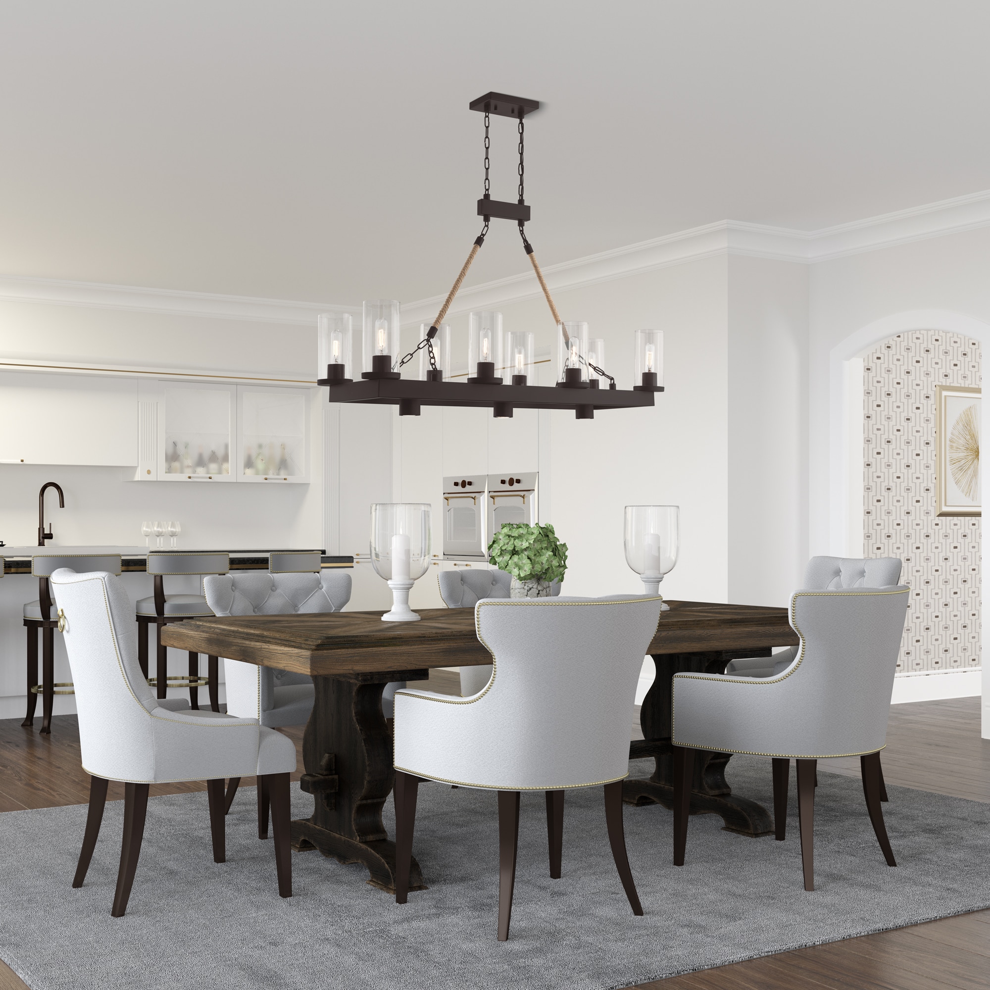 Metuchen Bronze Linear Chandelier with Clear Glass and Rope Detail, 11-Light
