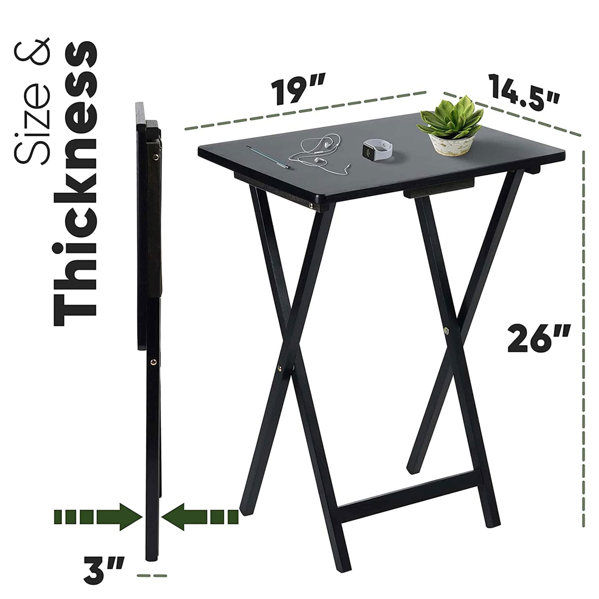 Sleek Black Solid Wood Collapsible TV Tray Set with Storage Rack, 5-Piece