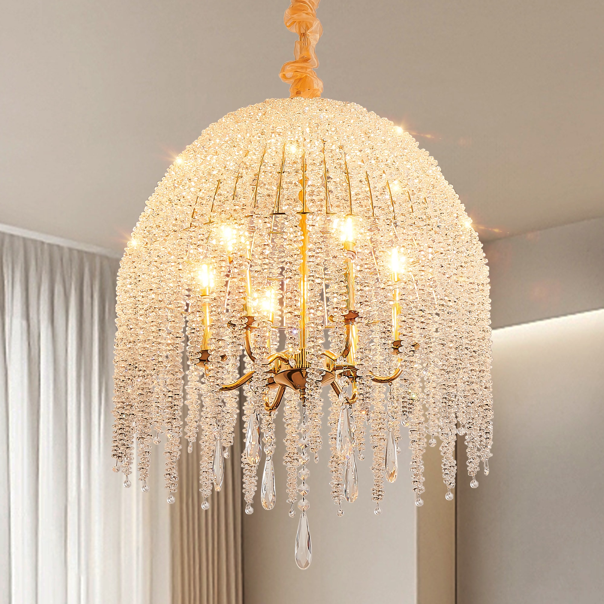 Zitrend 20-in Beaded Chandelier 12-Light Gold Tall Cascading Bead Dome Glam Fixture for Dining Room and Living Room Decorative Home Ceiling Lighting