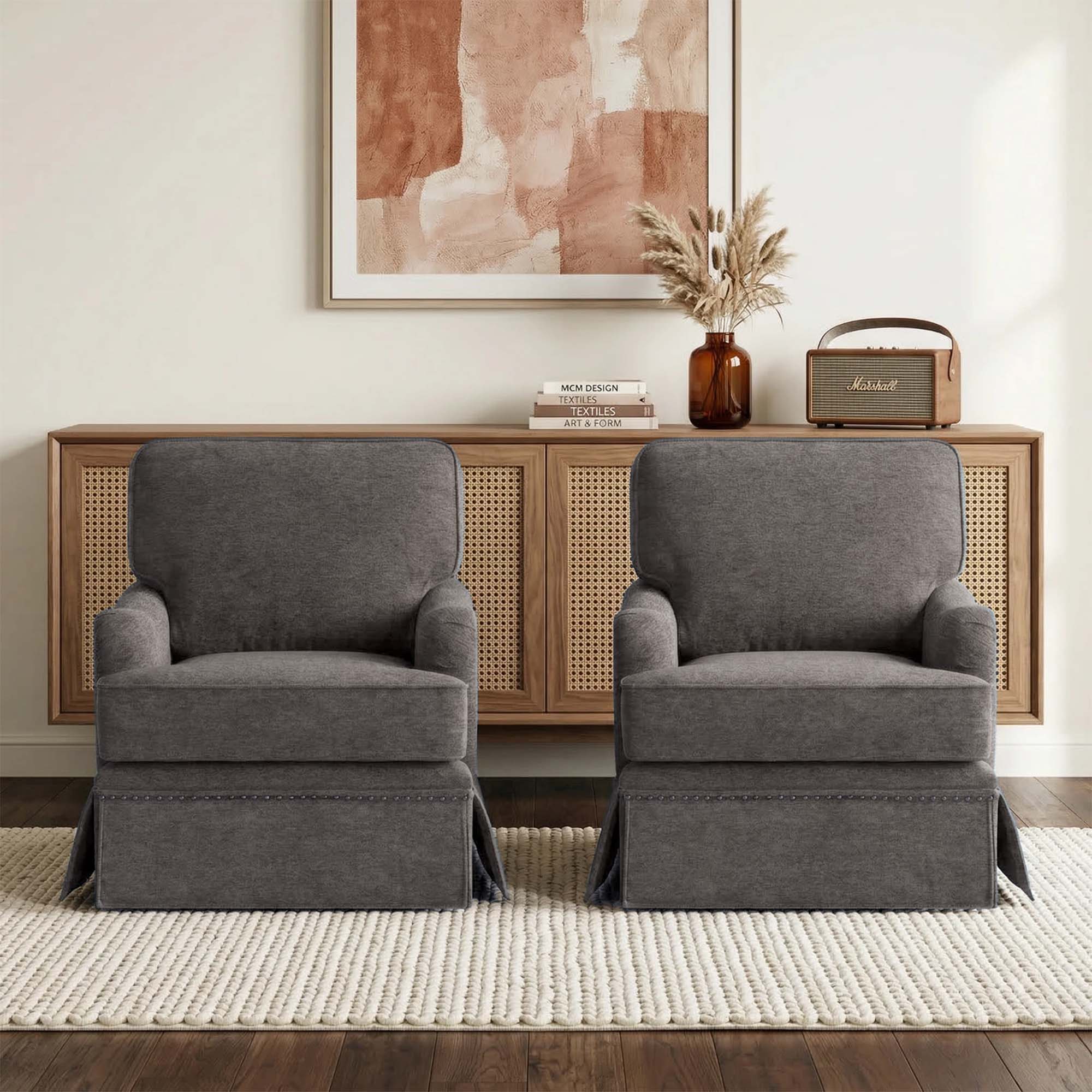 Dreamsidea Set of 2 Premium Chenille Swivel Accent Chairs with Nailhead Trim and Skirted Base