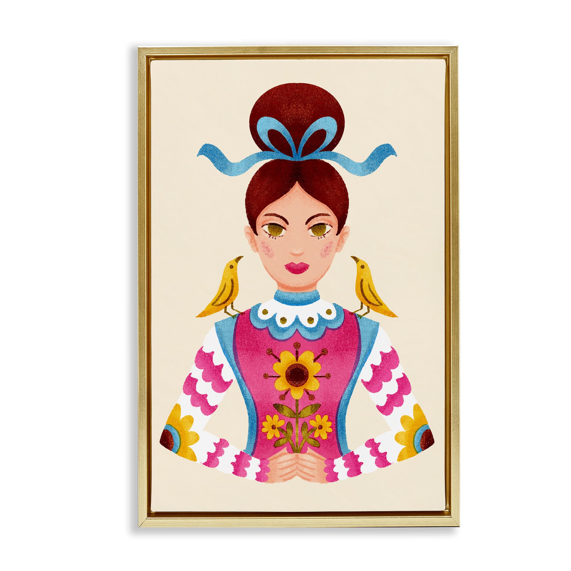 Stupell Industries BU-403-FFG-16X24 Brunette Girl with Birds Gold Framed Floater Canvas Wall Art By Hannah Moren 17 x 25