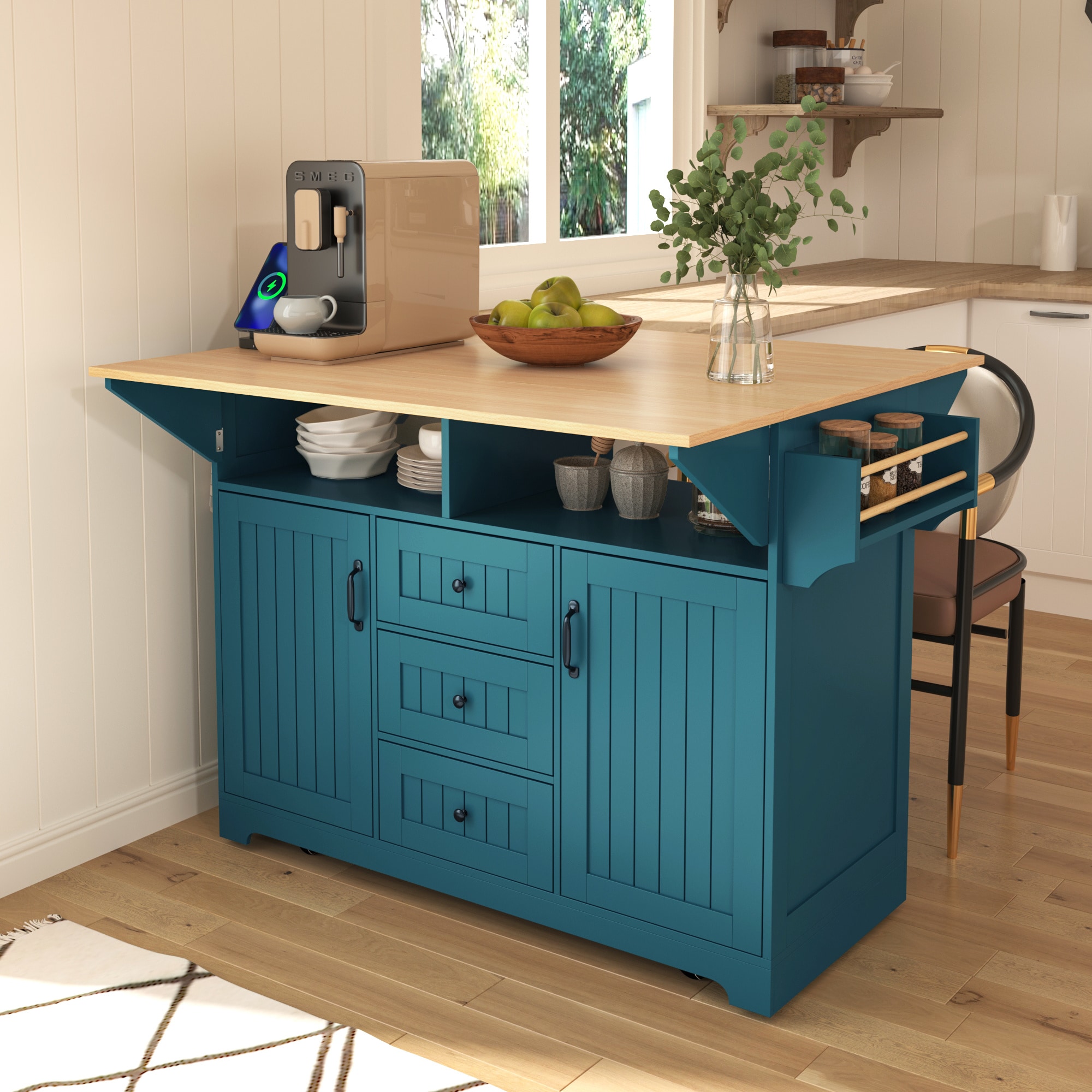 BABOOM BOM-1171AAE-OR Green MDF Base with MDF Rolling Kitchen Island ( 33.5-in x 55.7-in x 36.5-in )