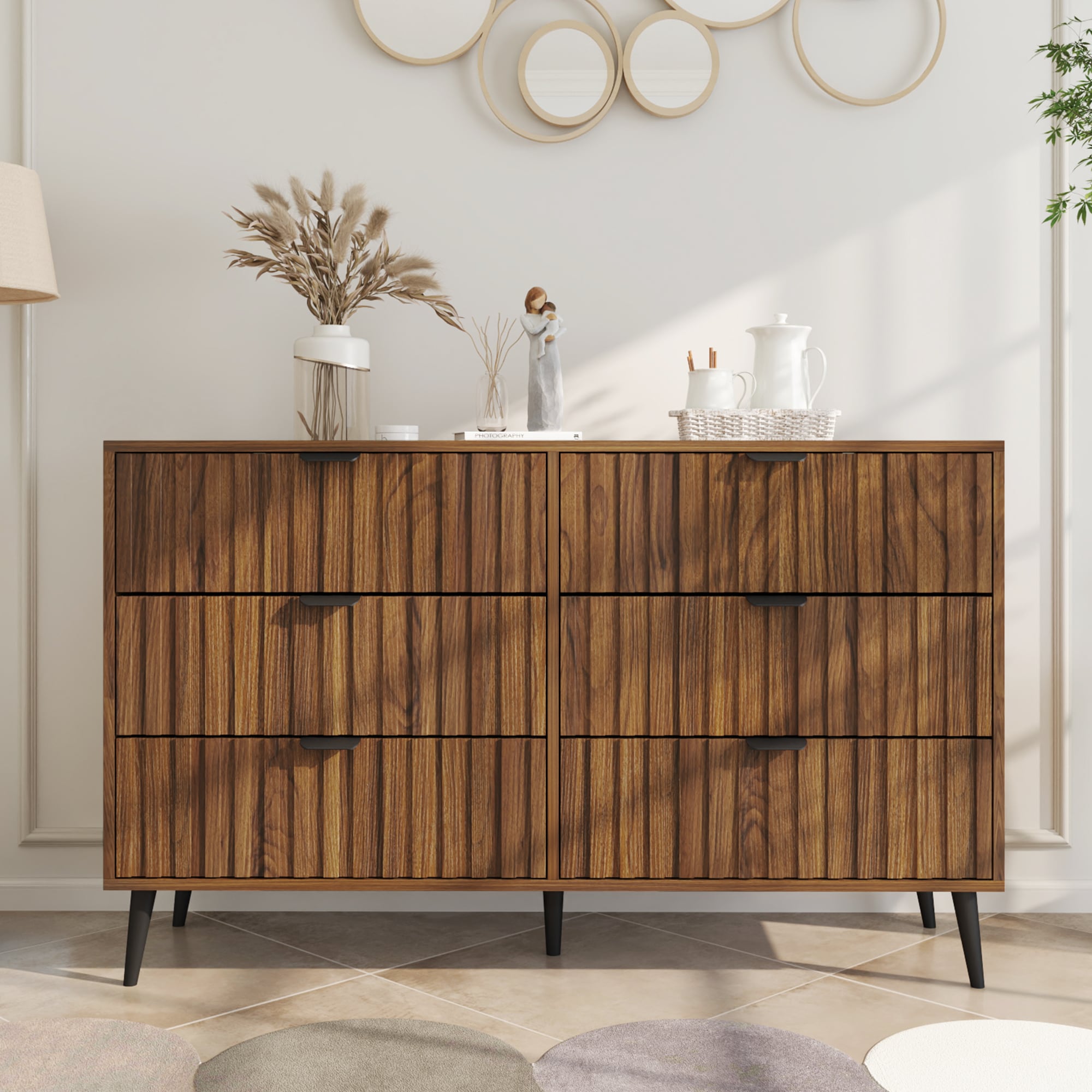 Dark Brown Finished Wood 6-Drawer Rectangular Dresser