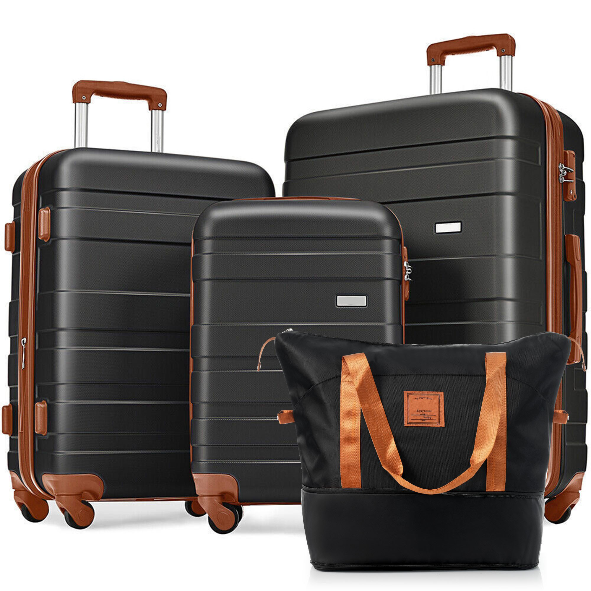 Bybafun YD9600092 18.6x12x26.9IN Black+Brown Plastic Hardshell Suitcase set 4 -Bag