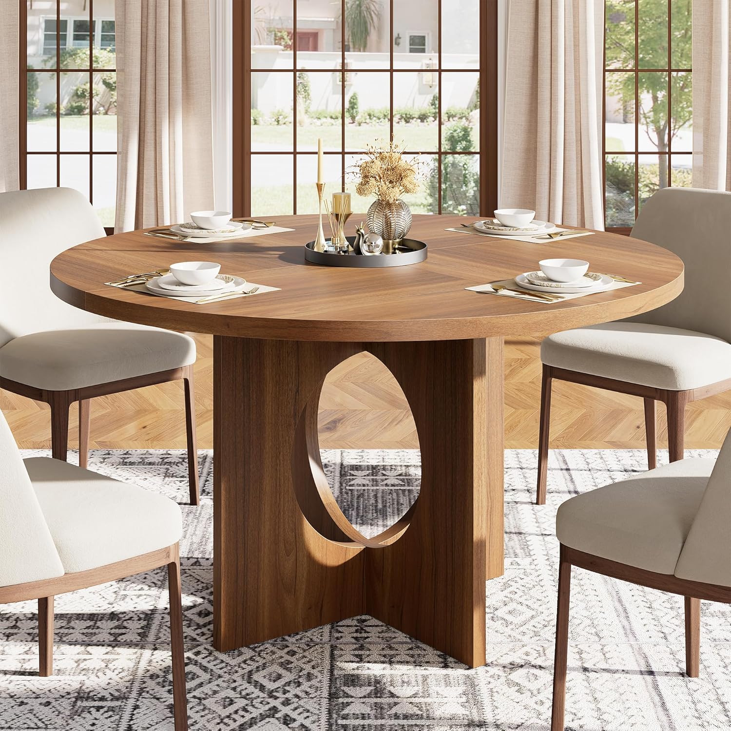 IdealHouse - 47in Round Dining Table Kitchen Table for 4-6 People Circle Tables with Sturdy Pedes...