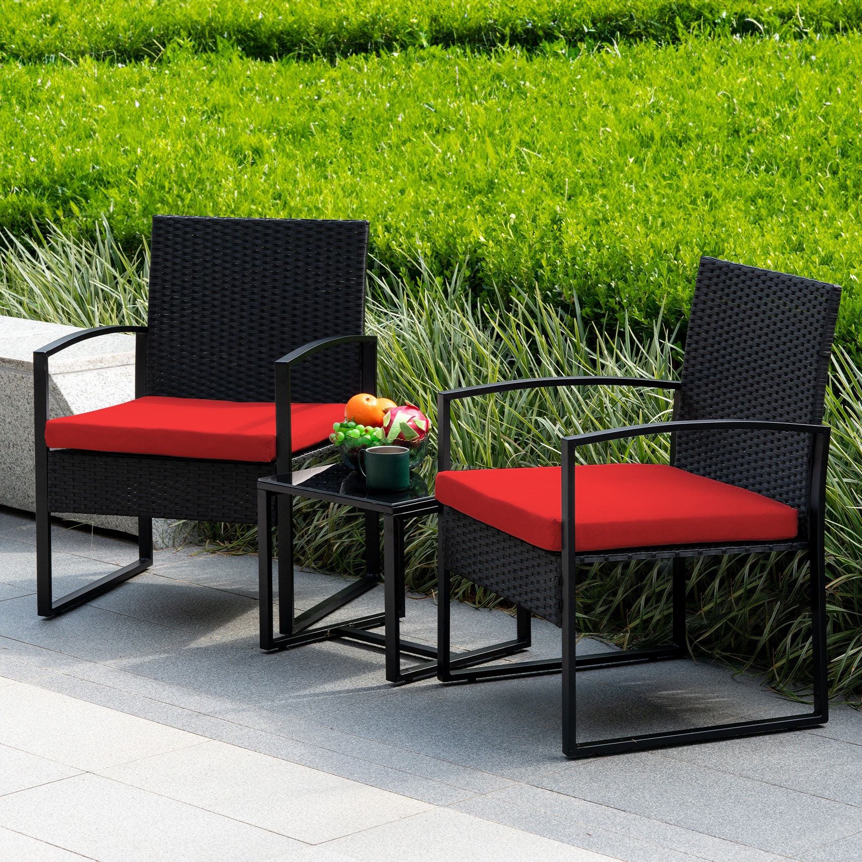 Grearden ZHNF014-RD 3 -Piece Wicker Patio Conversation Set with Red Cushions