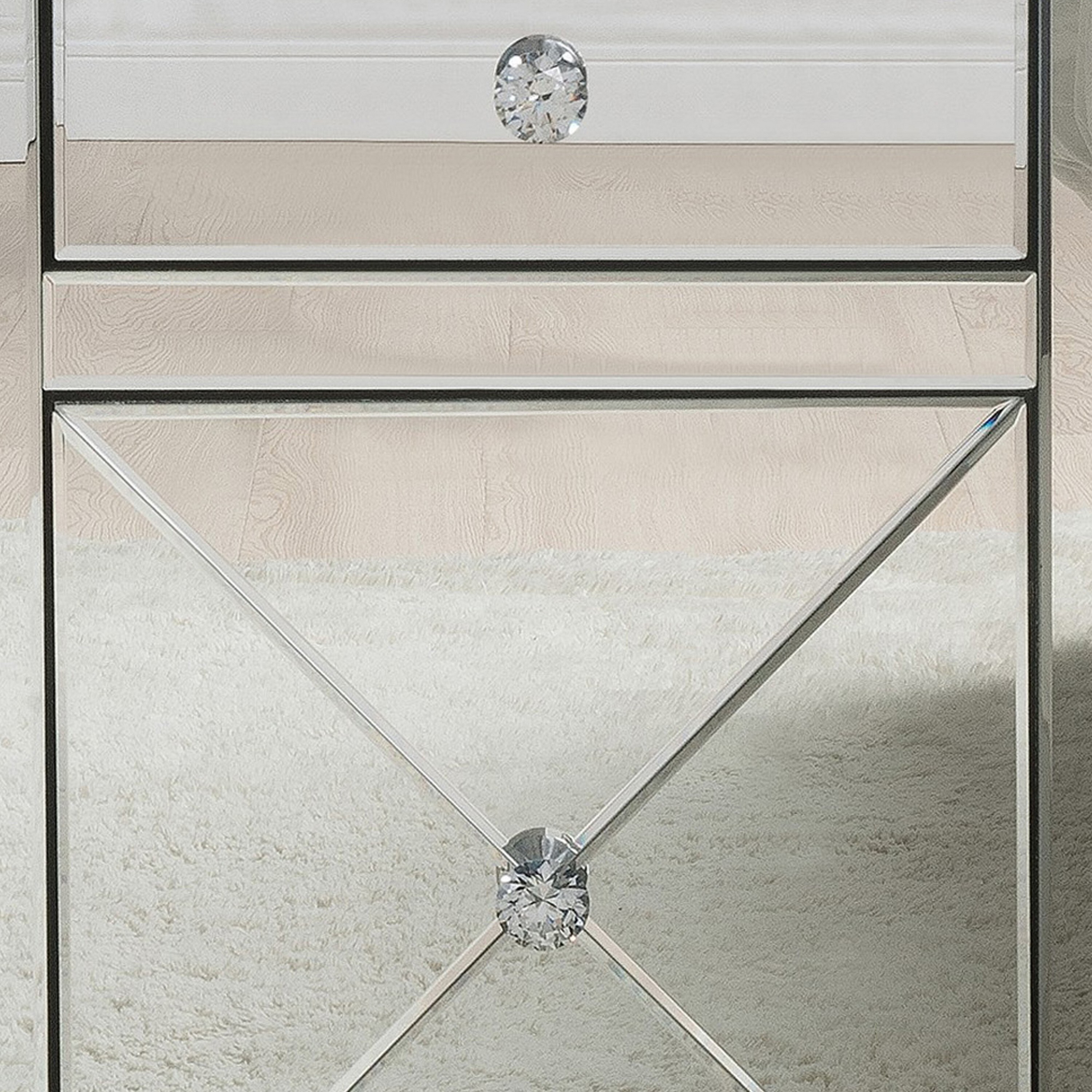 Sleek Silver Wood & Mirrored Nightstand with Crystal Knobs