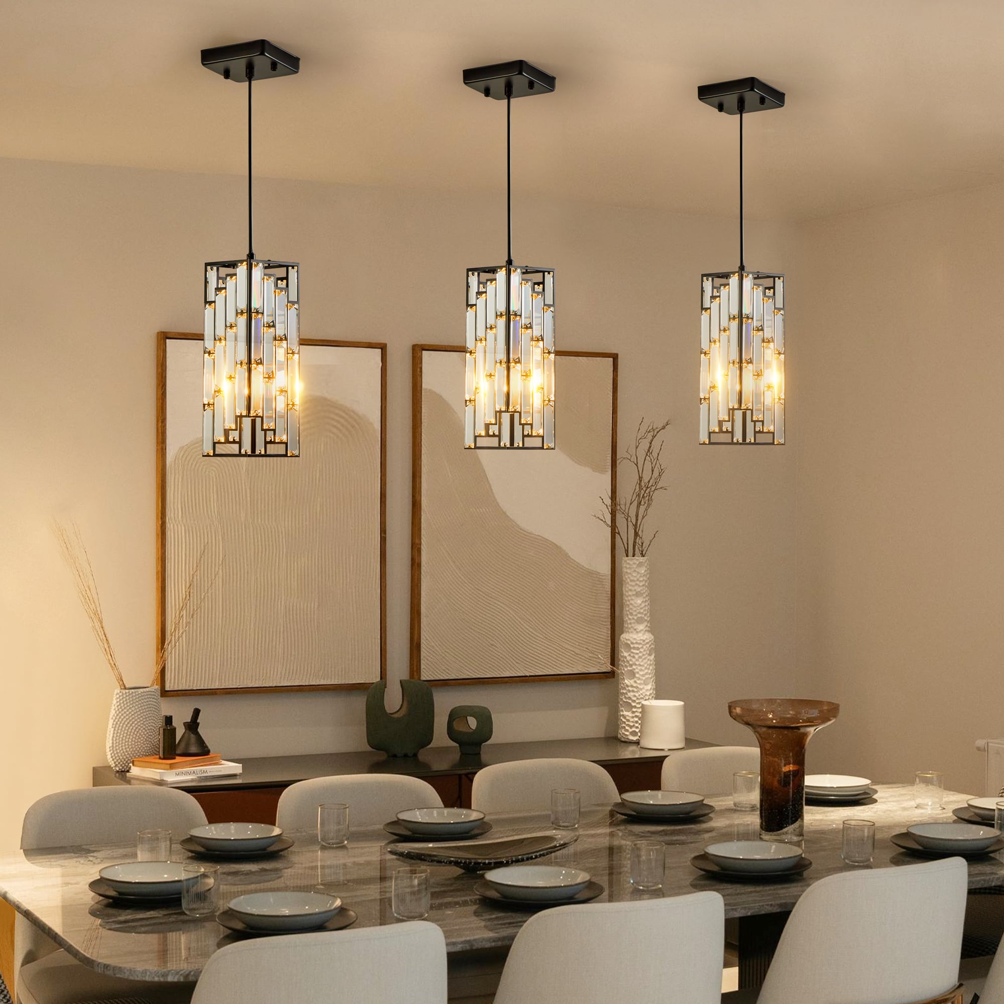 LOVMOR 4Inch Modern Crystal Pendant Light 3 Pack Adjustable Hanging Ceiling Lamp with Crystal Prism Design for Dining Room Kitchen Island and Living Room Black Finish
